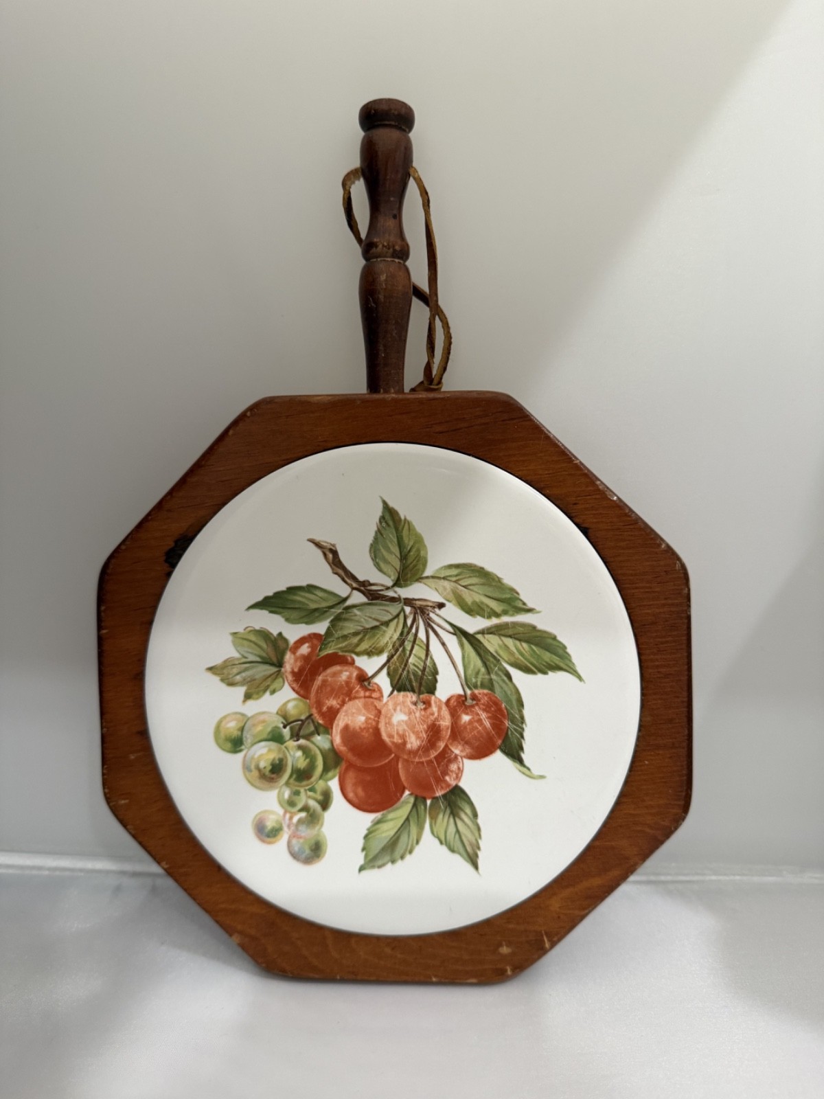 Vintage 1970s Wood Ceramic Tile Trivet Cherries Grapes Fruit Wall Decor Handle
