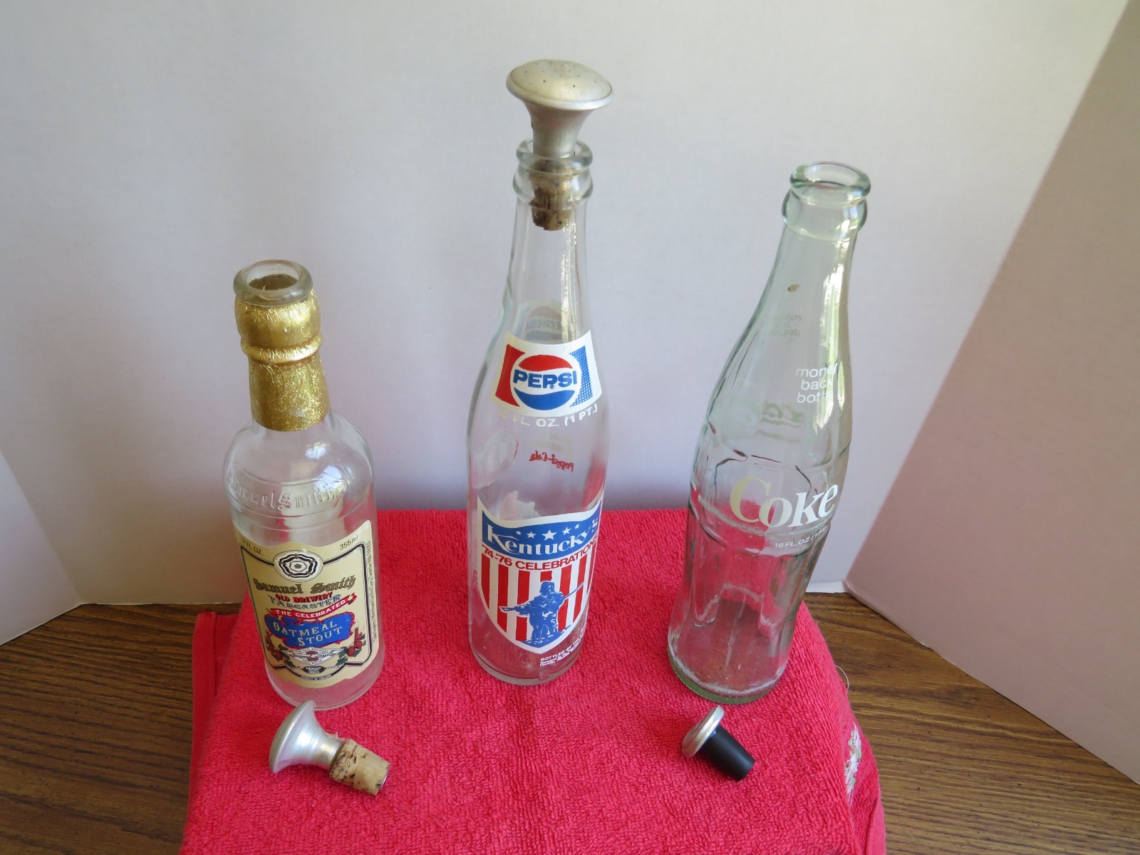 Three Different Vtg Bottles w/ Aluminum Laundry Sprinkler Tops, 2 Removable