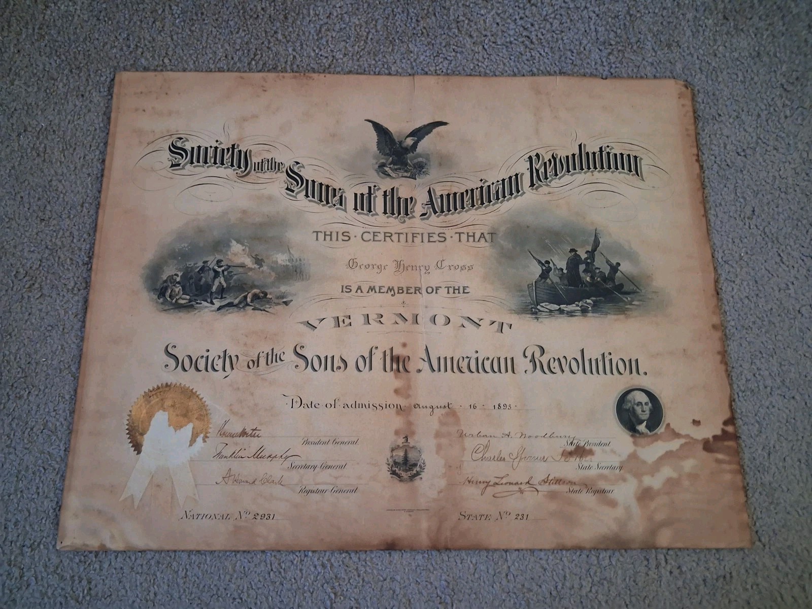 ANTIQUE SOCIETY OF THE SONS OF THE AMERICAN REVOLUTION  CERTIFICATE 1893 VERMONT