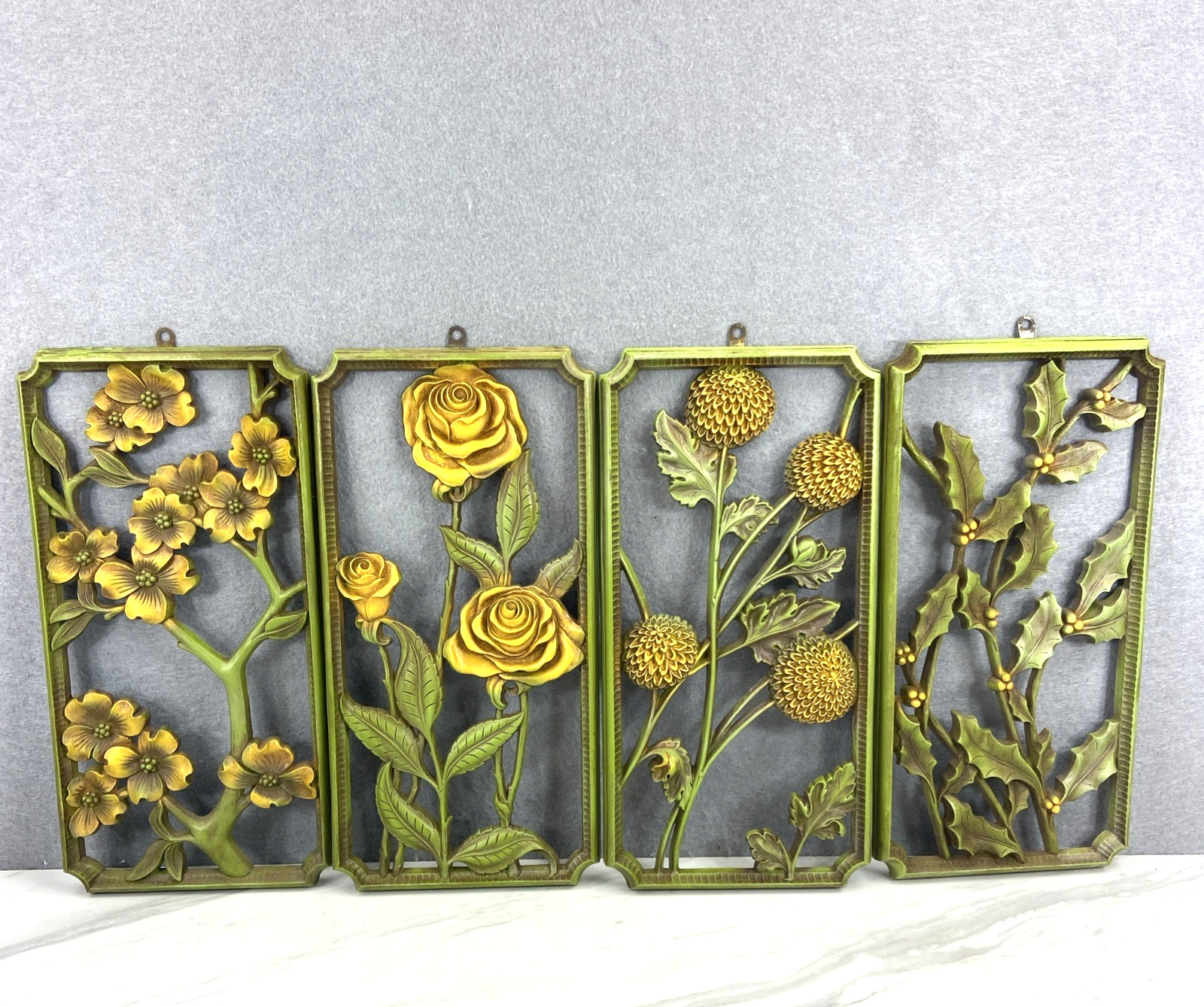 Set of 4 Vtg MCM Syroco Floral 4 Seasons Green Yellow Blossoms Roses Mums Holly