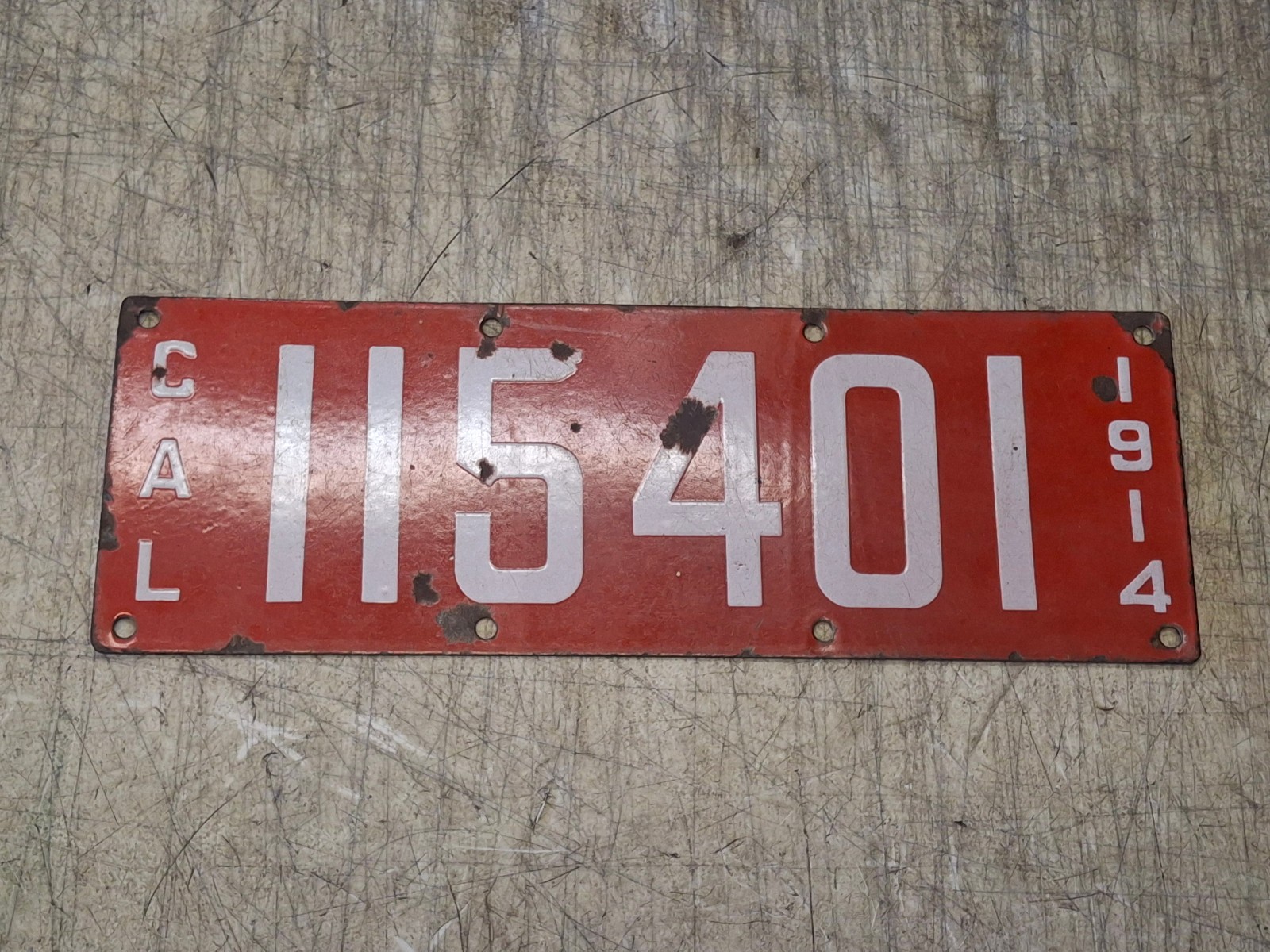 Antique 1914 California Red & White Porcelain License Plate Ing-Rich Mfg Co