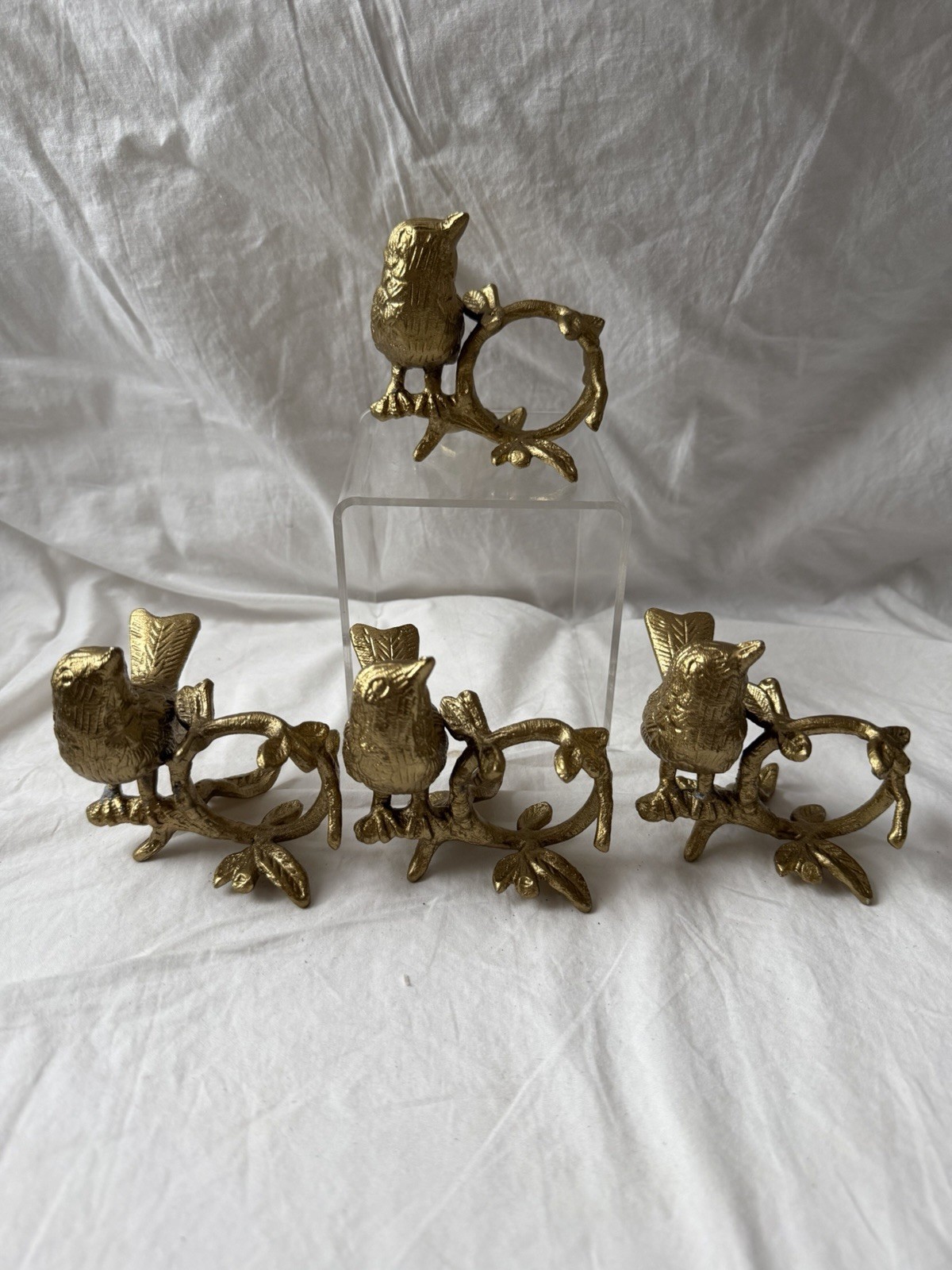 Gold Tone Bird on Branch Napkin Rings Set of 4 Heavy Metal Woodland Table Decor