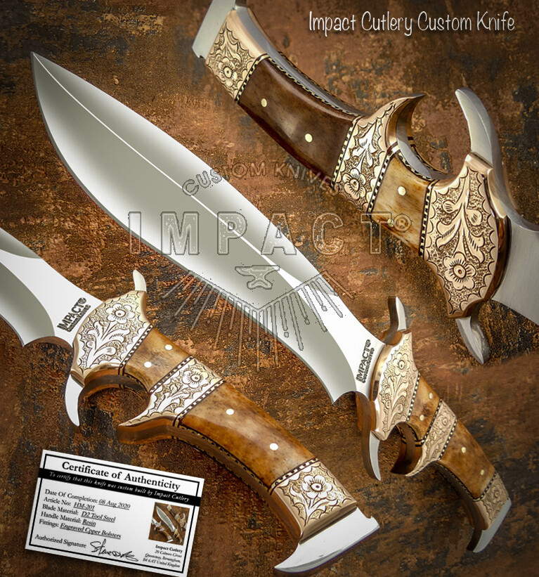 IMPACT CUTLERY RARE CUSTOM D2 FULL TANG SASQUATCH BOWIE KNIFE ENGRAVED BOLSTERS