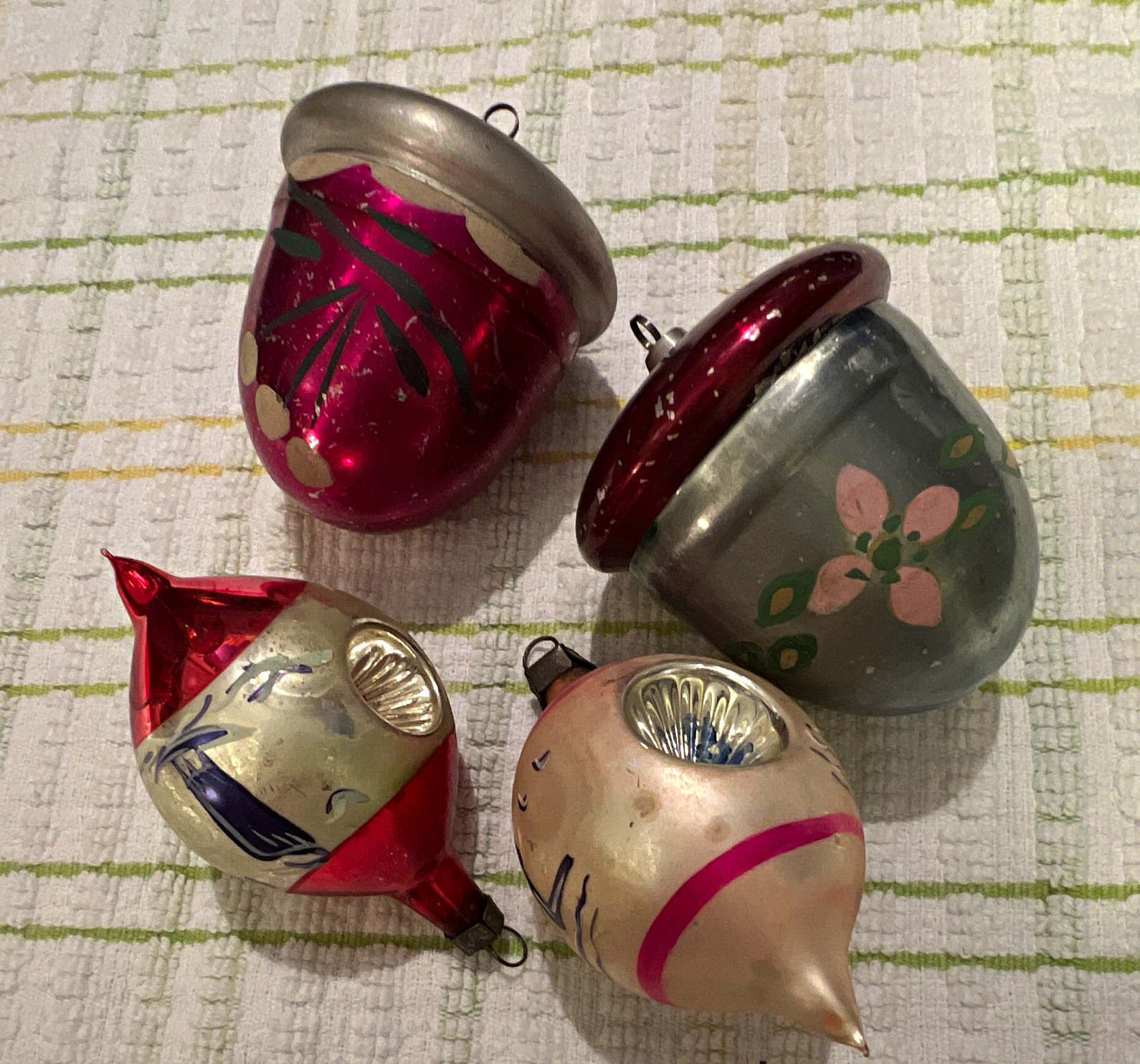 Vintage Hand-Painted Glass Metal Christmas Ornaments Set of 4