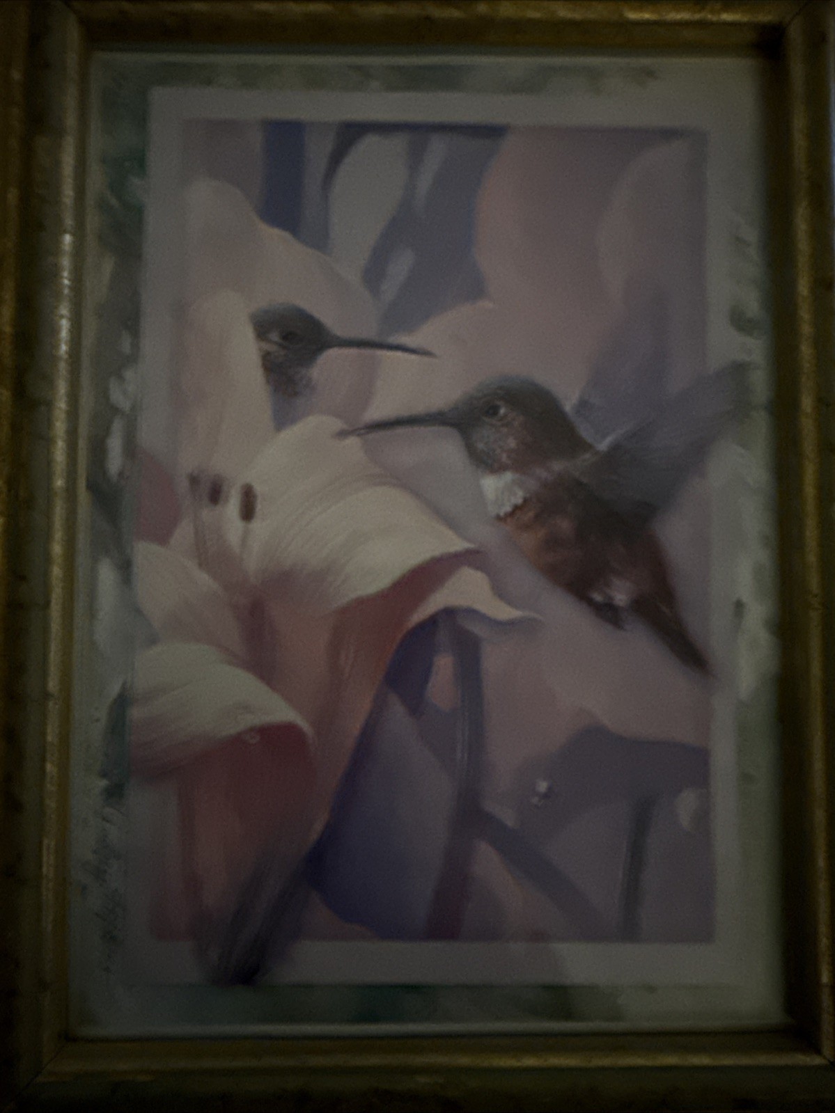   Vintage Audrey Hopkins Framed Art Print Hummingbird & Iris Flowers Pastel Gold