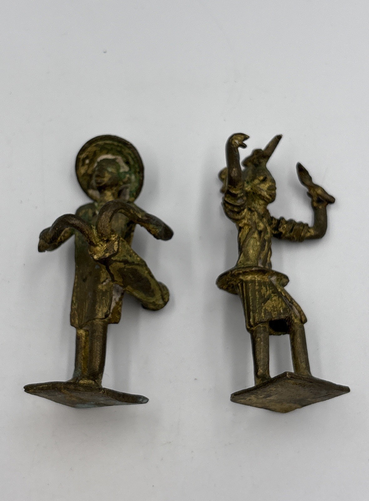Old Burkina Faso, Dogon, Cast Bronze Lot Of 2 Figures Dancer And Drummer 3-1/4”