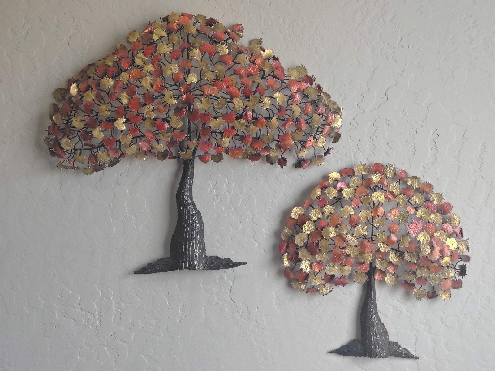 Vintage MCM Mexican Brutalist Metal Tree Wall Art Pair Handcrafted Copper/Brass 