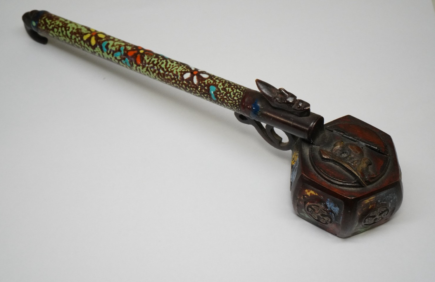 Antique JAPANESE Bronze Yatate Calligraphy Brush, Inkwell Case - Enameled Antique JAPANESE Bronze Yatate Calligraphy Brush, Inkwell Case - Enameled