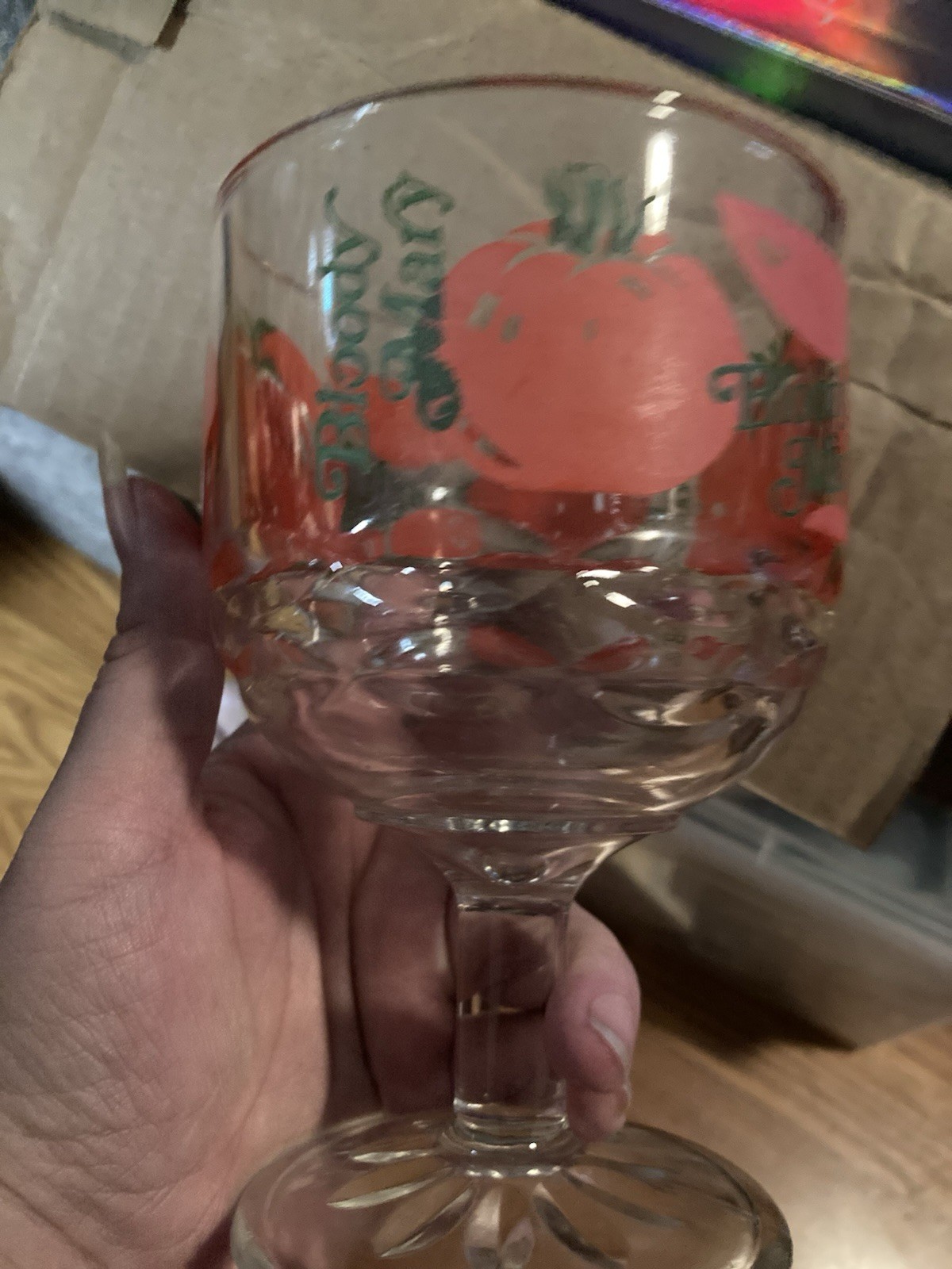 VINTAGE COCKTAIL BLOODY MARY RED GREEN TOMATO GLASS LARGE HEAVY STEMWARE