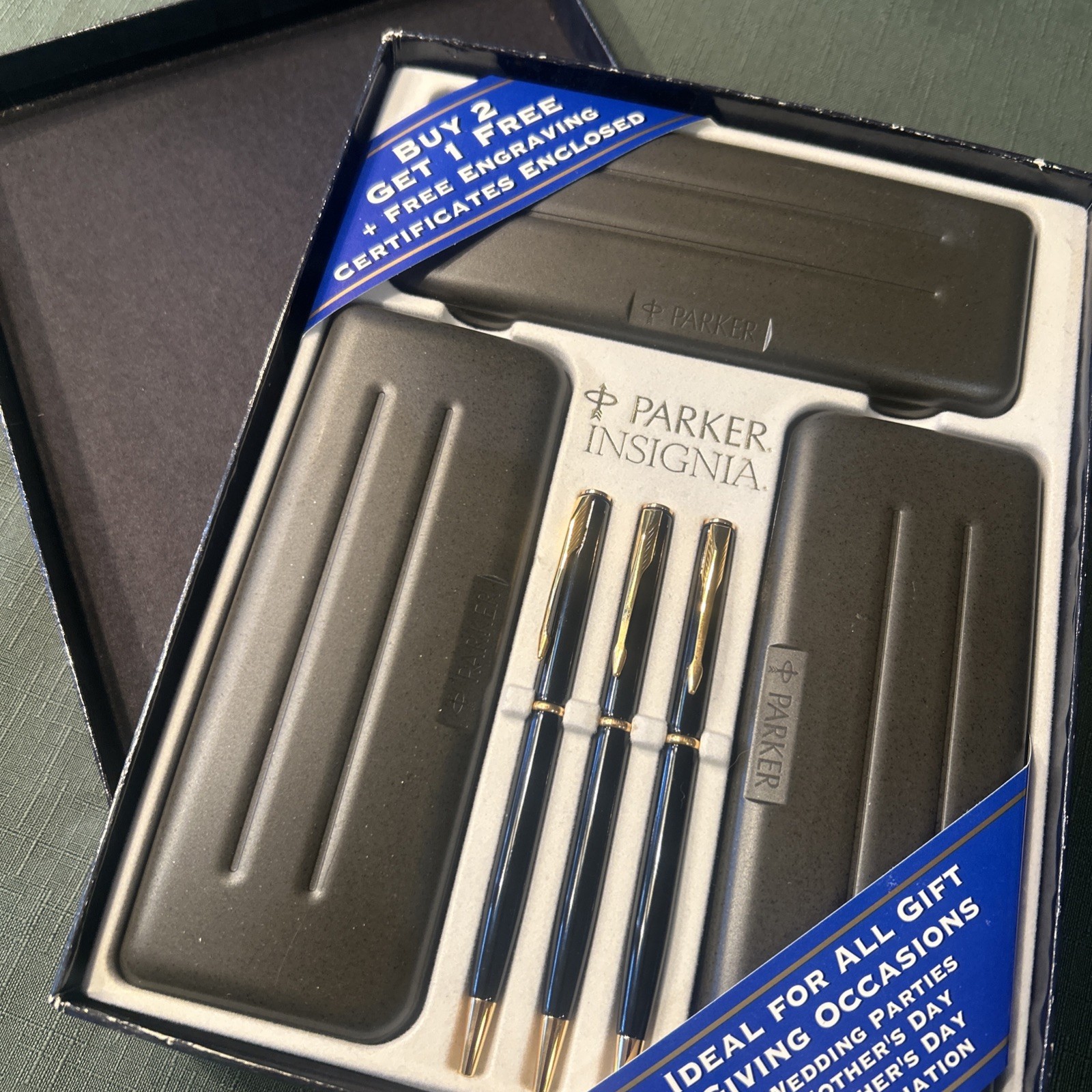 Vintage Parker Insignia 3-Pen Promo Gift Set Black Lacquer Gold Trim NIB Cases