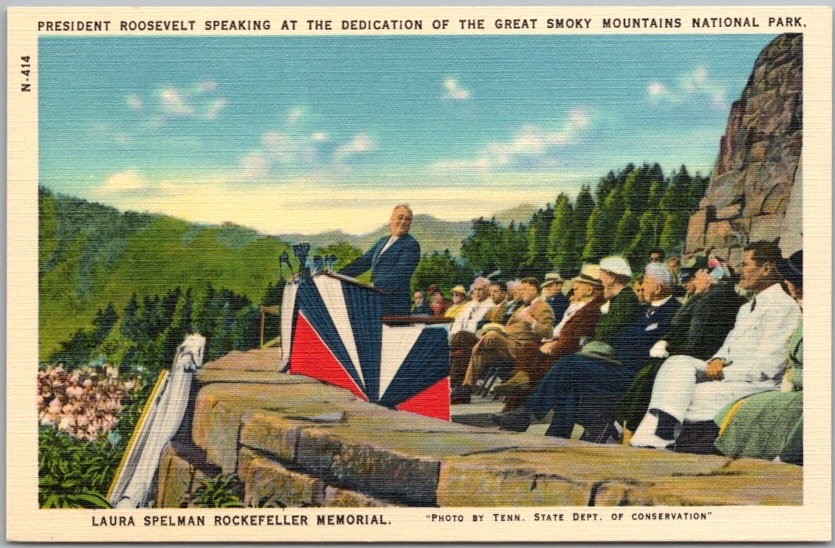 c1940s GSMNP Tennessee Postcard FDR Speaking at Park Dedication LINEN / Unused