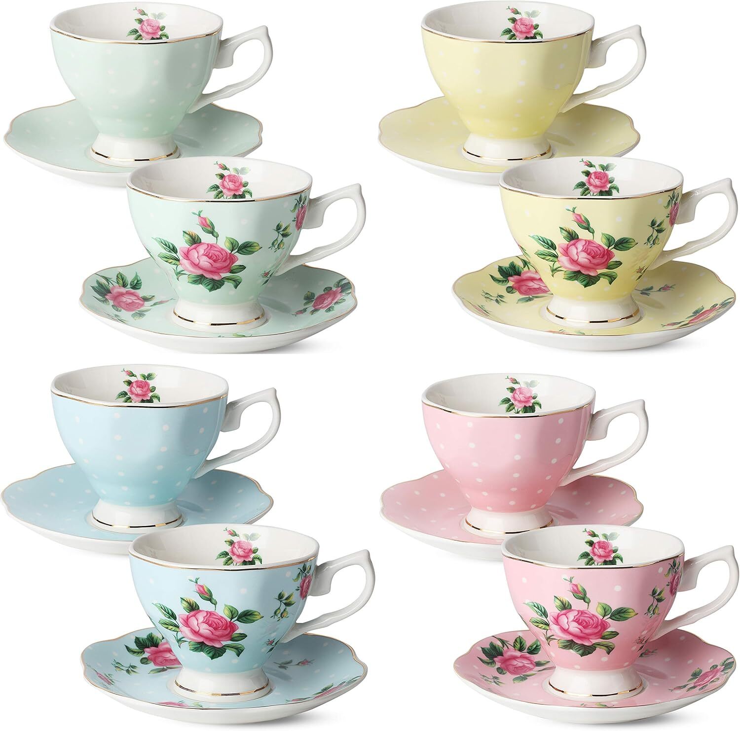 Floral Tea Cups and Saucers Set of 8 (8 oz), Porcelain Tea Cup Sets