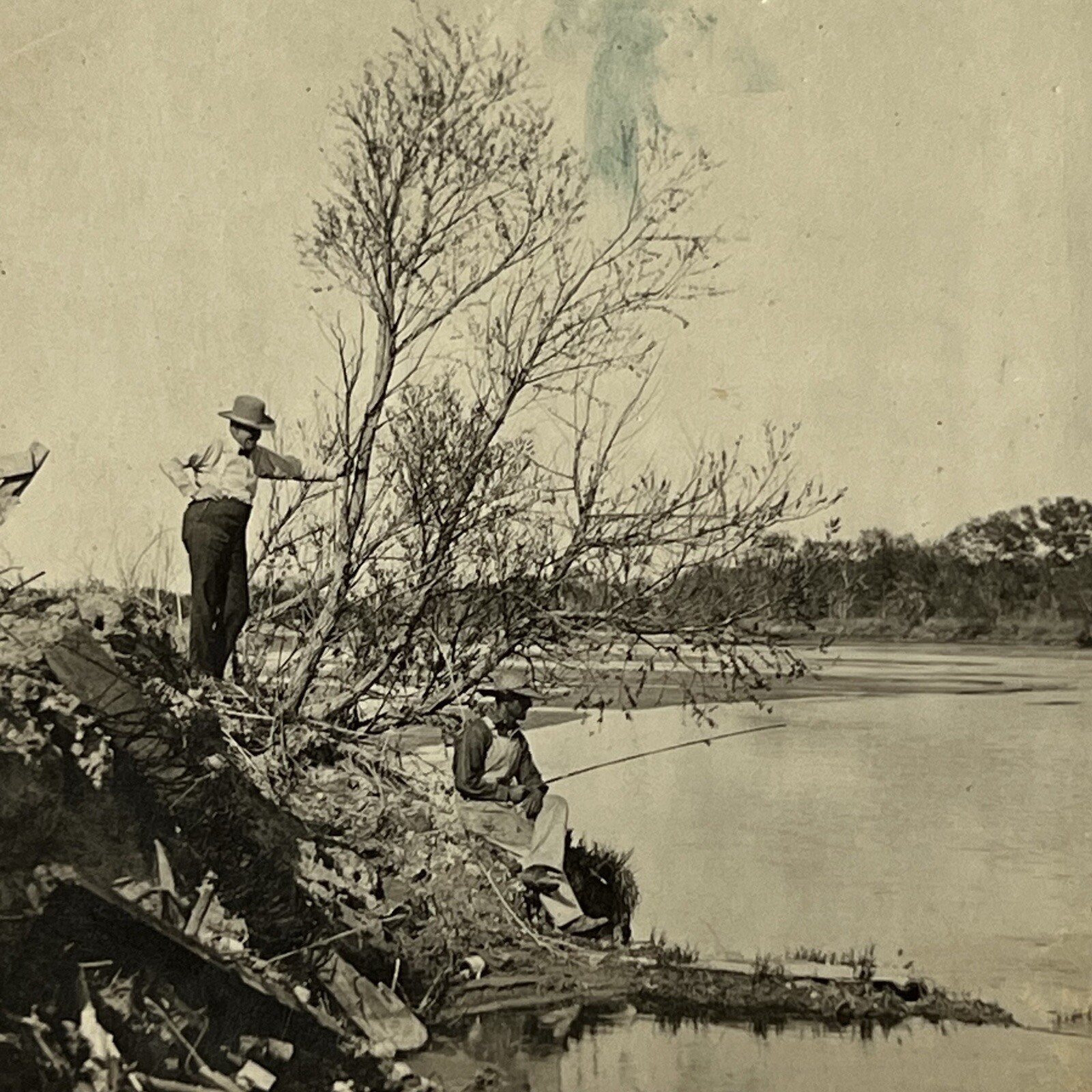 Vintage RPPC Real Photograph Postcard Men Fishing Beautiful Scenery Pond