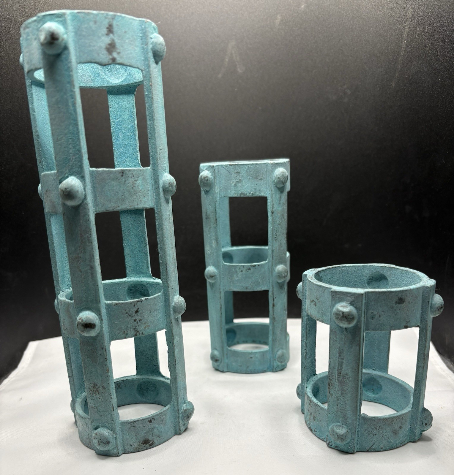 Vintage 1970s Brutalist Iron Cage Candle Holders Set of 3 Verdigris Patina MCM