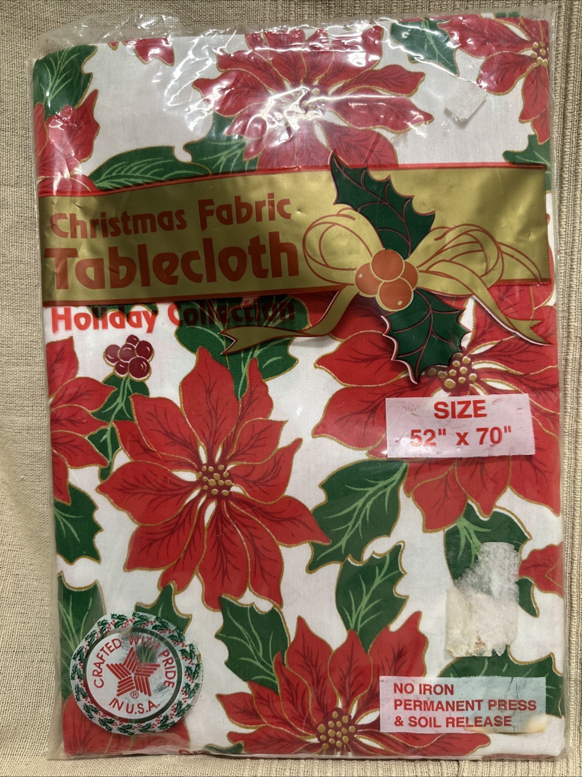 NIP Vintage Christmas Fabric Tablecloth 52x70 Poinsettia Holly Holiday USA NOS