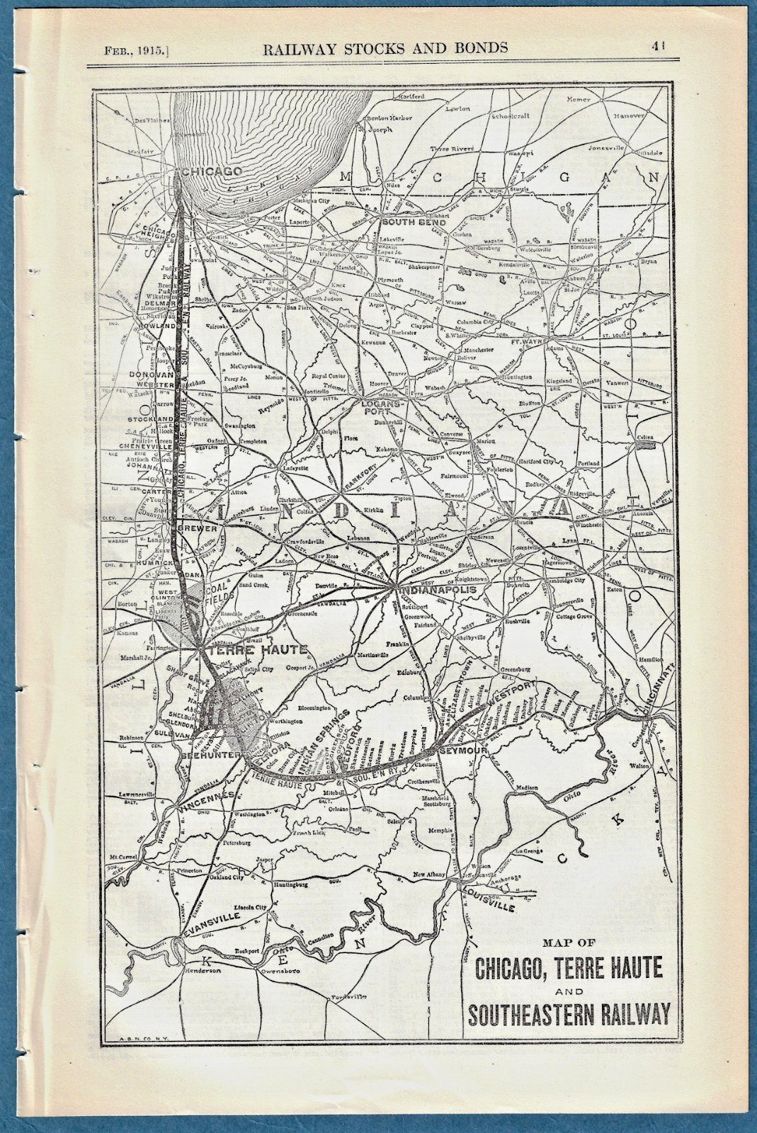 1915 Map Chicago Terre Haute Southeastern Railway CT&SE RR Antique Print Flat