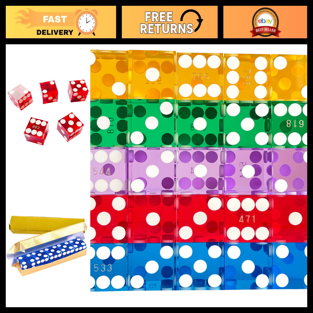 Precision 19mm Casino Craps Dice Set of 25 - AAA Grade, Razor Edges, Multi-Color