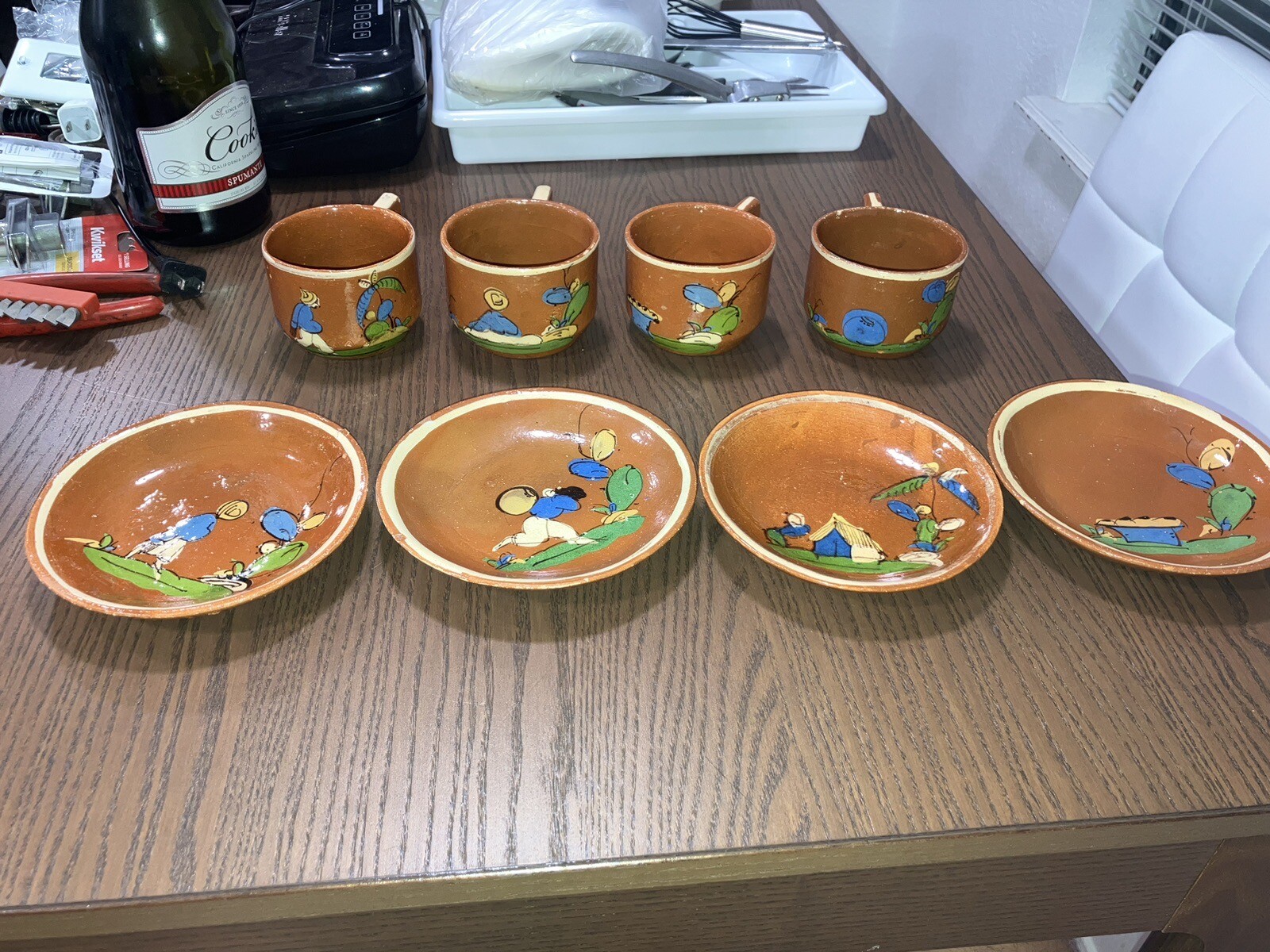 RARE Antique 1920s-30s Mexican Tlaquepaque Pottery Cups & Saucers Folk Art.
