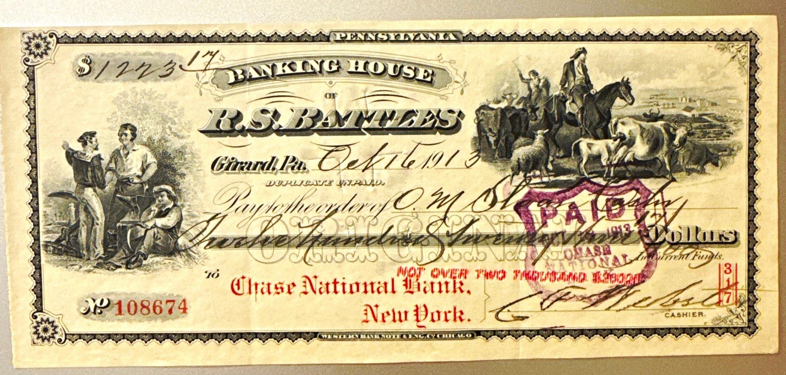 1913 $200 CHASE  National Bank New York Paid Check/Draft No. 108674 Girard PA