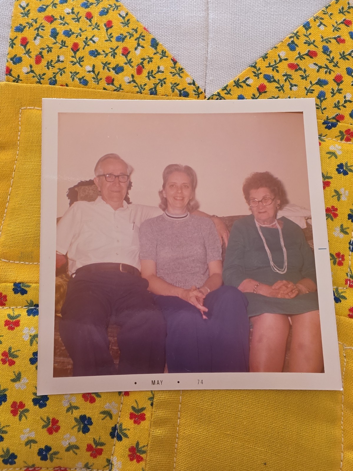 VTG Color Snapshot Photo 1970s Fanily Portrait Living Room Couch 1974