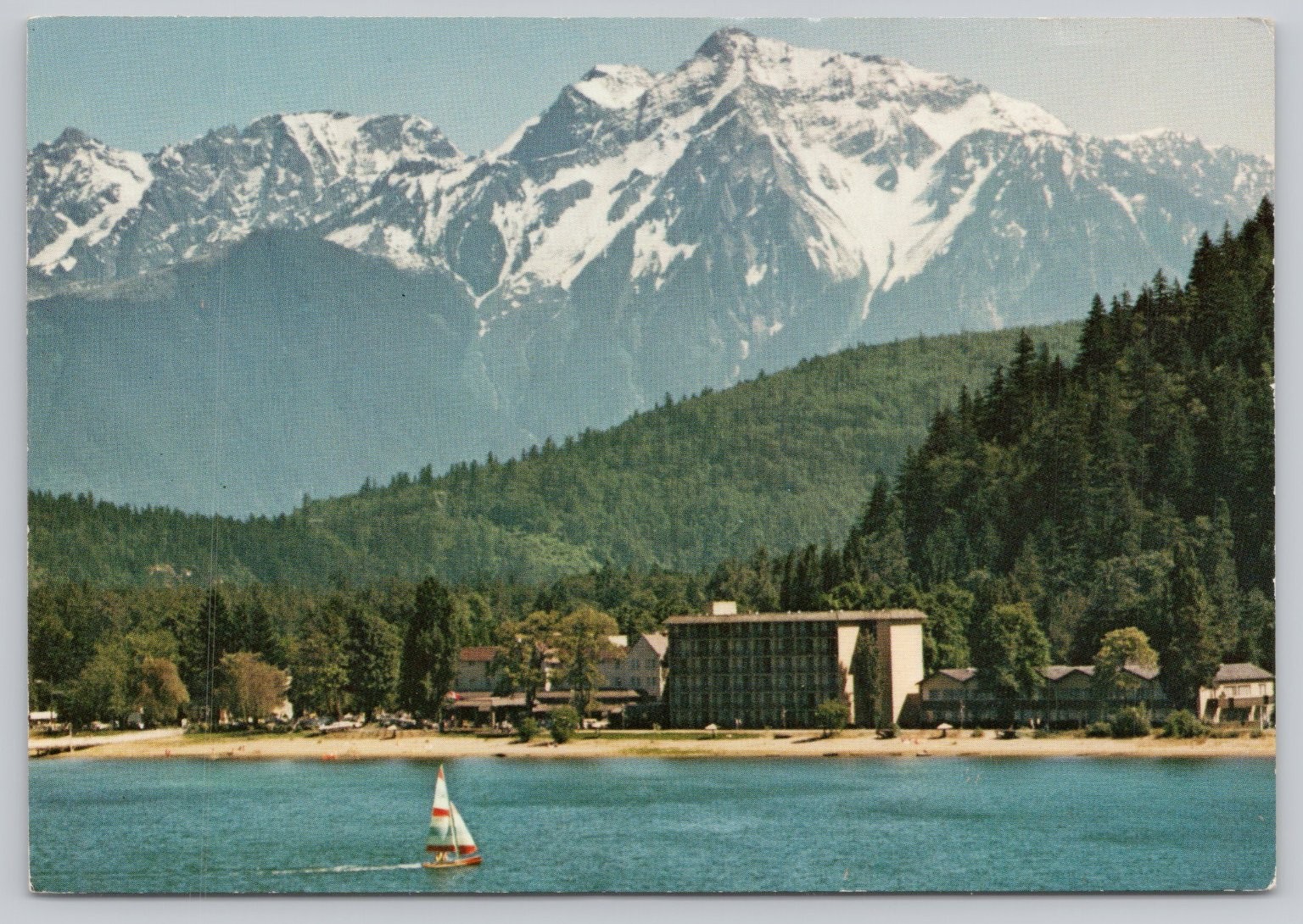 Vintage Harrison Hotel Canada Postcard Snow-Capped Mountains Lake Sailboat