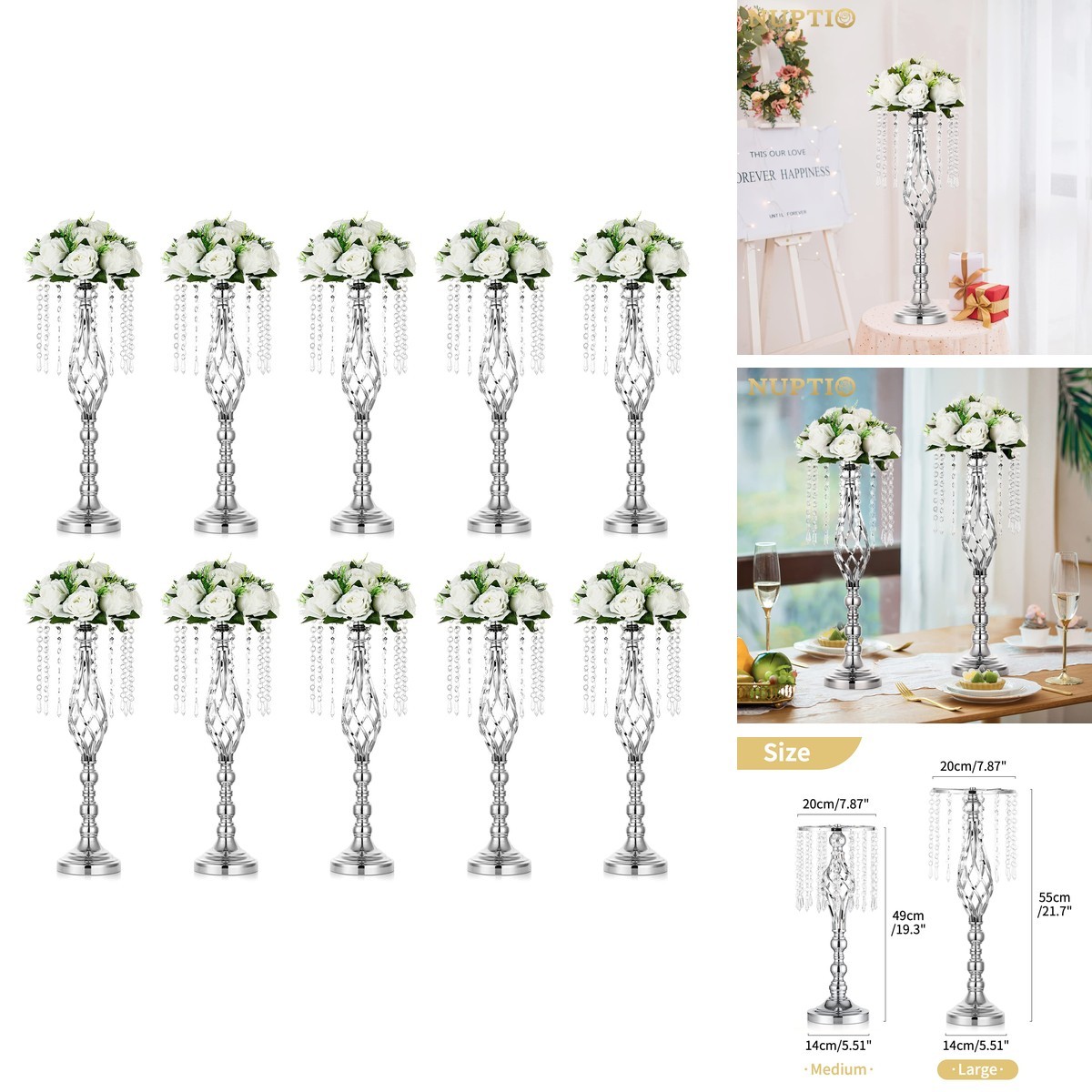 Nuptio 10 Pcs Silver Wedding Flower Stand Vases 21.7in/55cm
