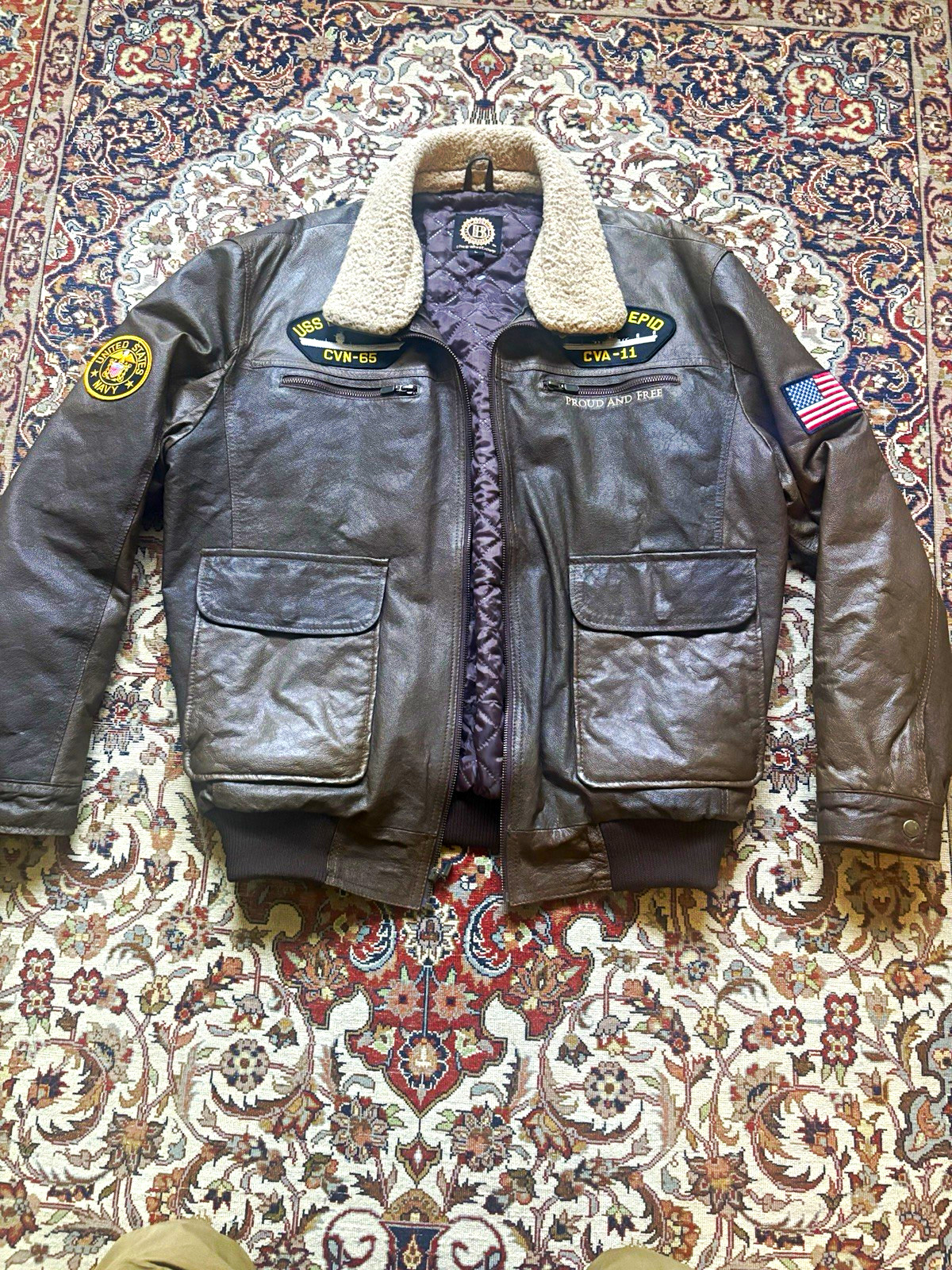 The Bradford Exchange US Navy Leather Flight Jacket USS Enterprise Patches Large