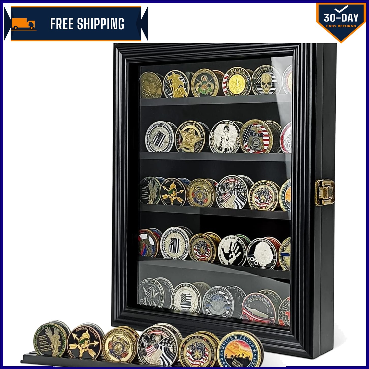 Exquisite Black Wood Challenge Coin Display Cabinet - Elegant Wall-Mounted Case