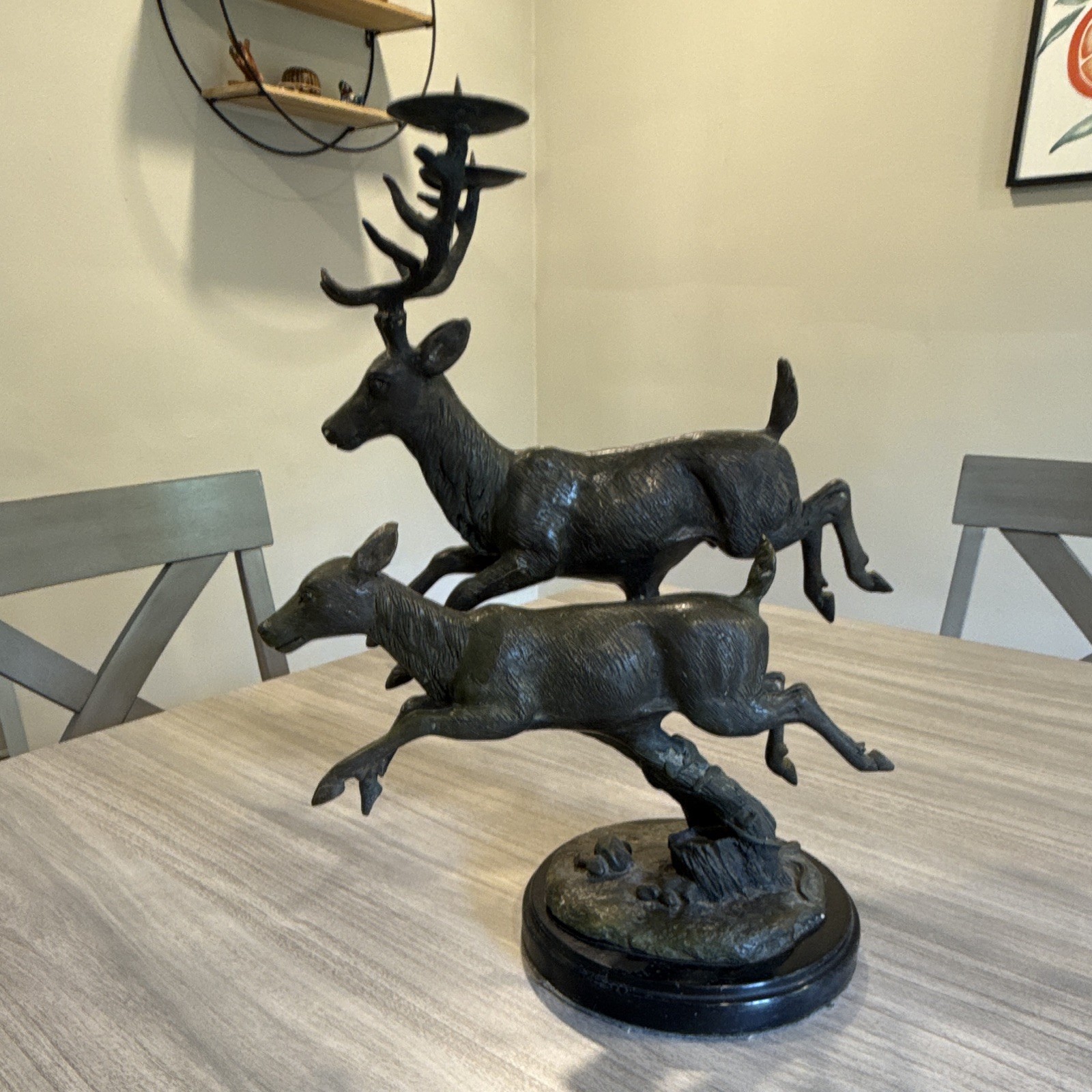Antique Bronze Metal Deer Figurine Dual Candle Holder w/ 3D Effect