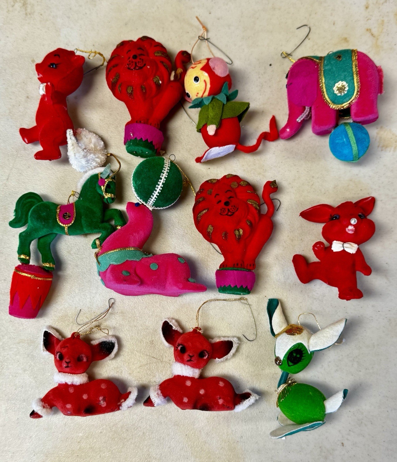 Vintage Flocked Felt Christmas Ornaments (11) pcs Japan Circus Animals, Mice