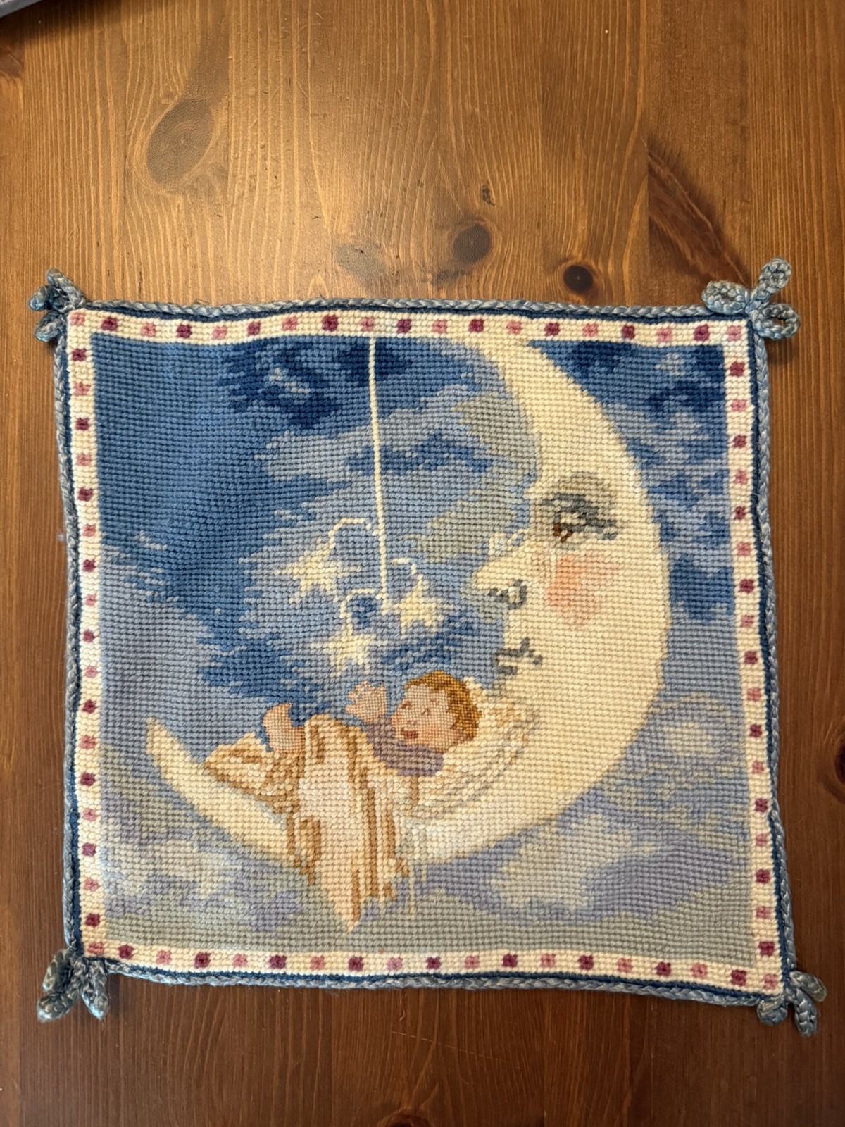 Vintage Katha Diddel Man in the Moon Baby Stars Needlepoint Pillow Cover 11”