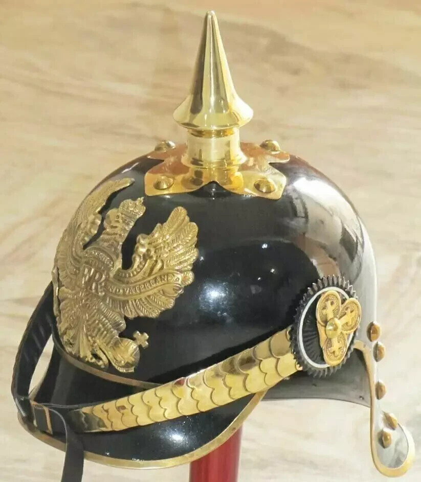 Black German Iron Pickelhaube Helmet with Brass Accents Prussian Militaria Helm