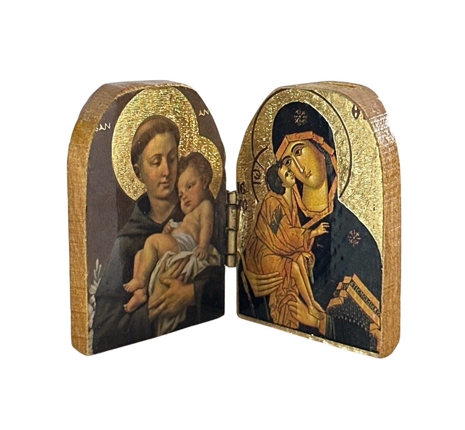 Mini Wooden Religious Diptych Icon St Anthony Virgin Mary Christ Child 2”