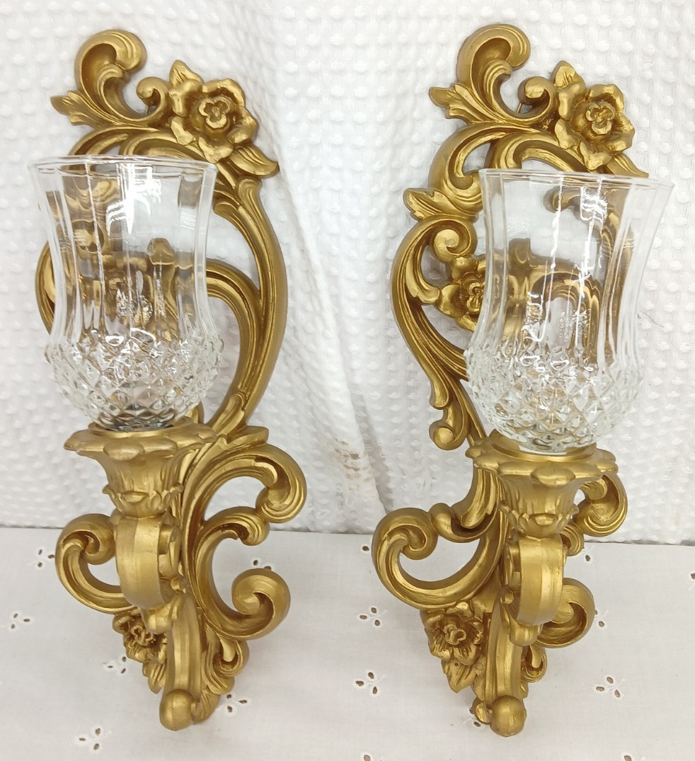 PR SYROCO 1971 GOLD WALL SCONCES HOLLYWOOD REGENCY ROCOCO DECOR CUT GLASS VOTIVE