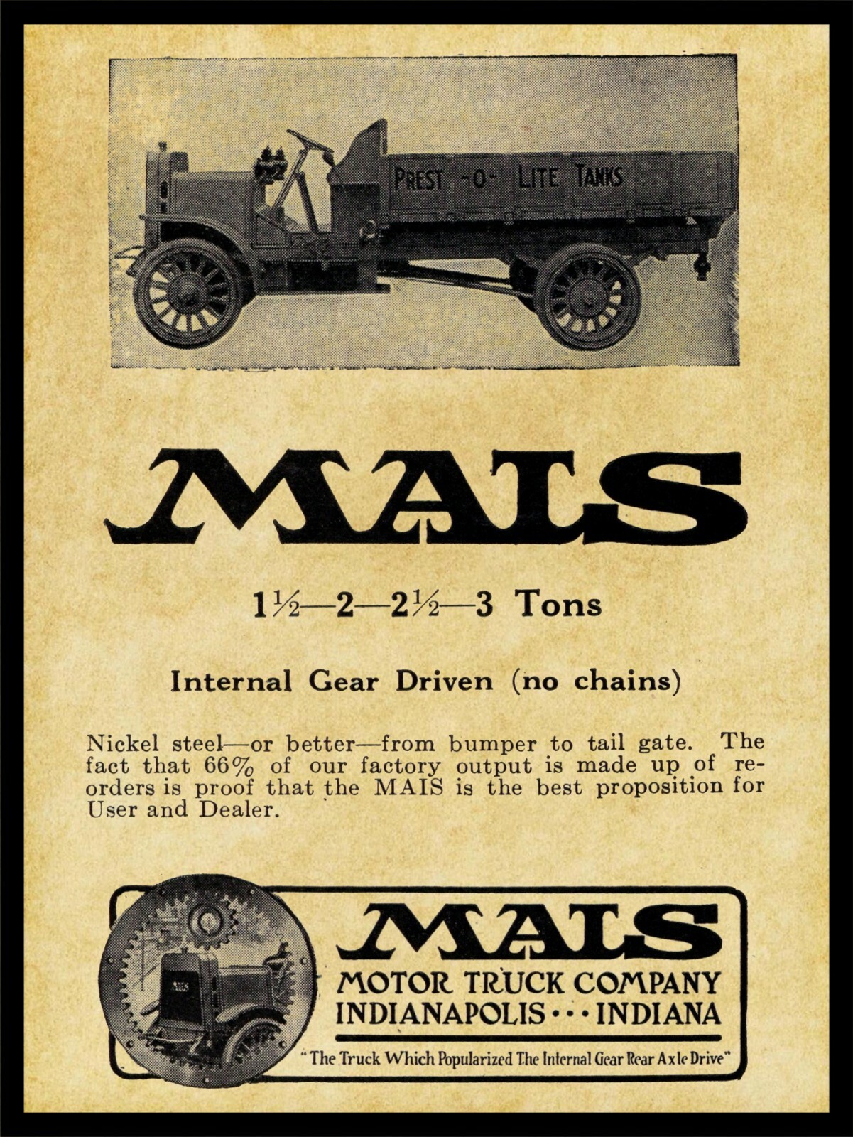 1913 Mais Motor Trucks of Indianapolis, Indiana NEW Metal Sign: 12x16 Large Size