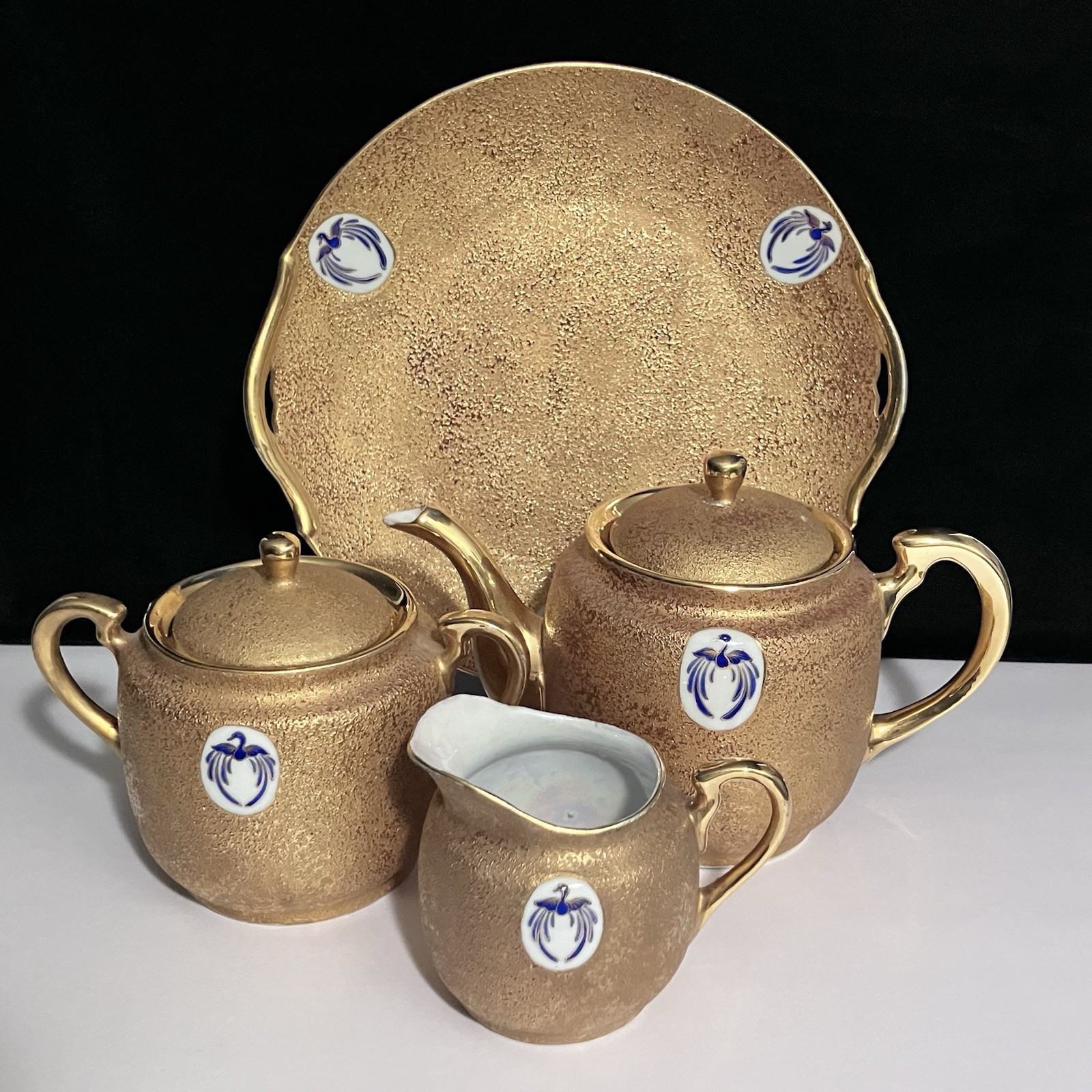RARE 1930s Japan LUSTERWARE TEA SET / Gold Encrusted / PHOENIX PANELS