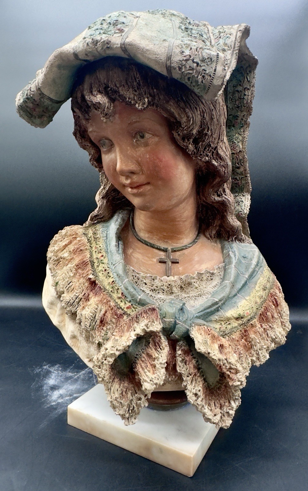 19th C Italian Polychrome Plaster,  Woman Bust. Antique Italian Busts. 