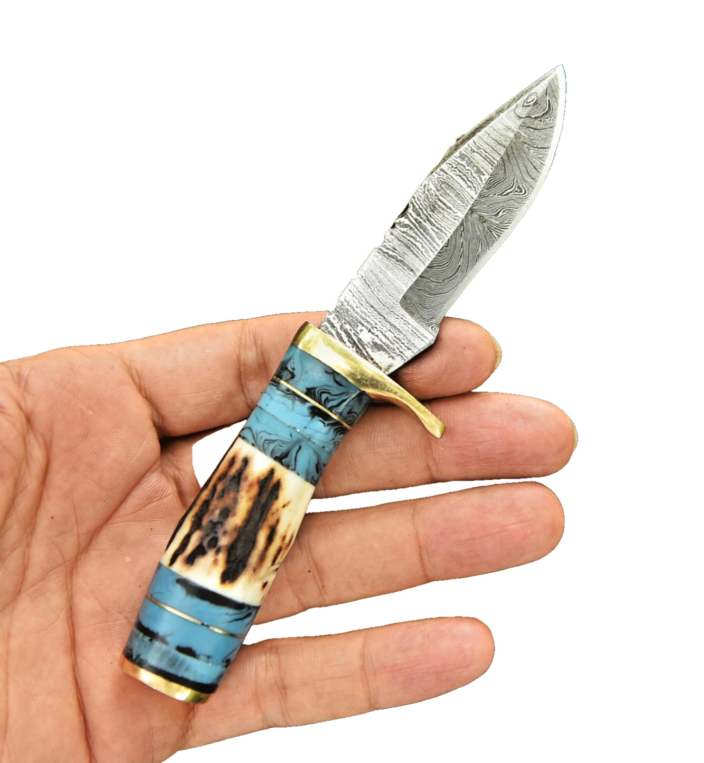 Mini Handmade Damascus steel Fix Blade Knife Tactical Original StagAntler Handle