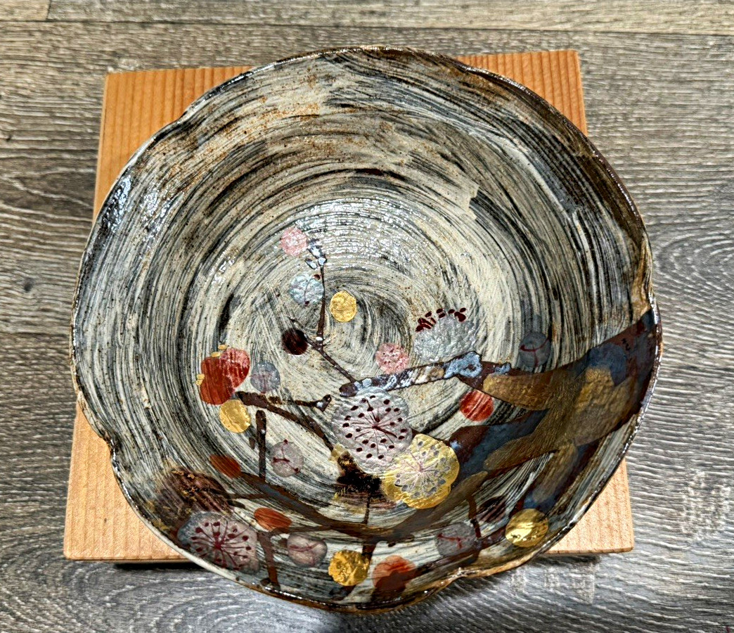 Kutani Yaki Japanese Handmade Art Pottery Ceramic Bowl, With Box