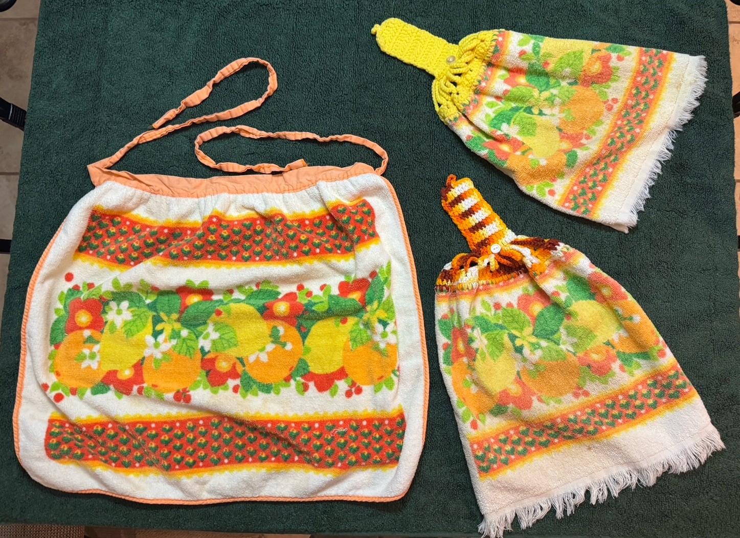 Vintage Terry Cloth Apron and Two Hanging Kitchen Towels