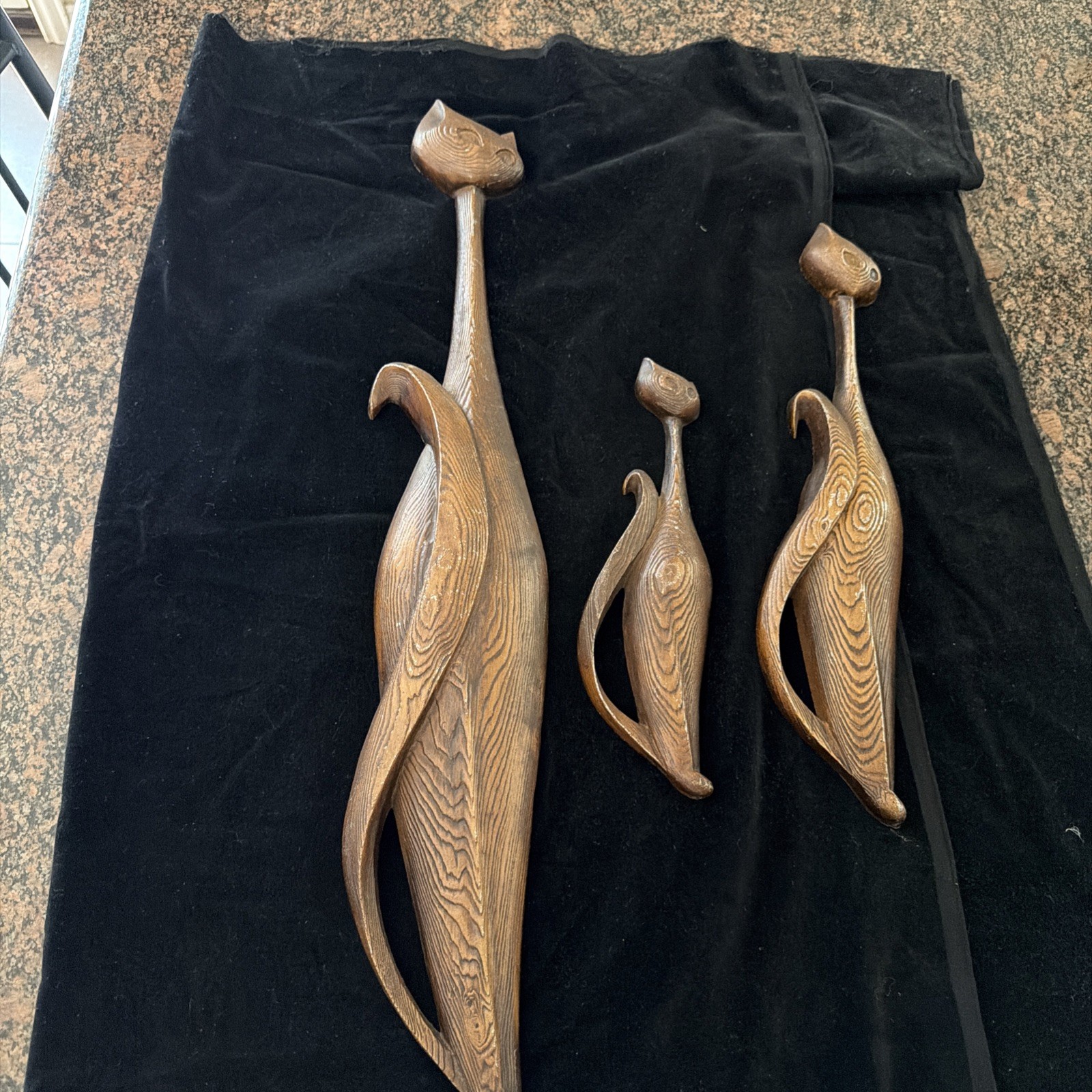 3 Vtg Mid Century MOD Sexton Metal Siamese Type Cats Wall Art Woodgrain Texture 