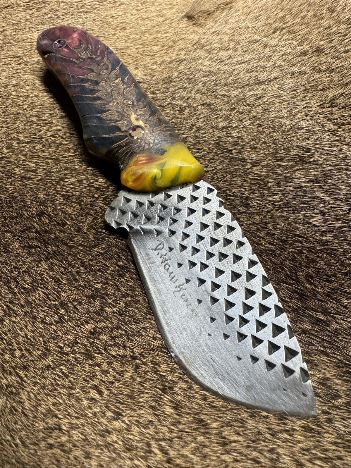 Handmade CUSTOM  FILE Hunting Knife Carbon Steel PINE CONE RESIN HANDLE- HAWKINS