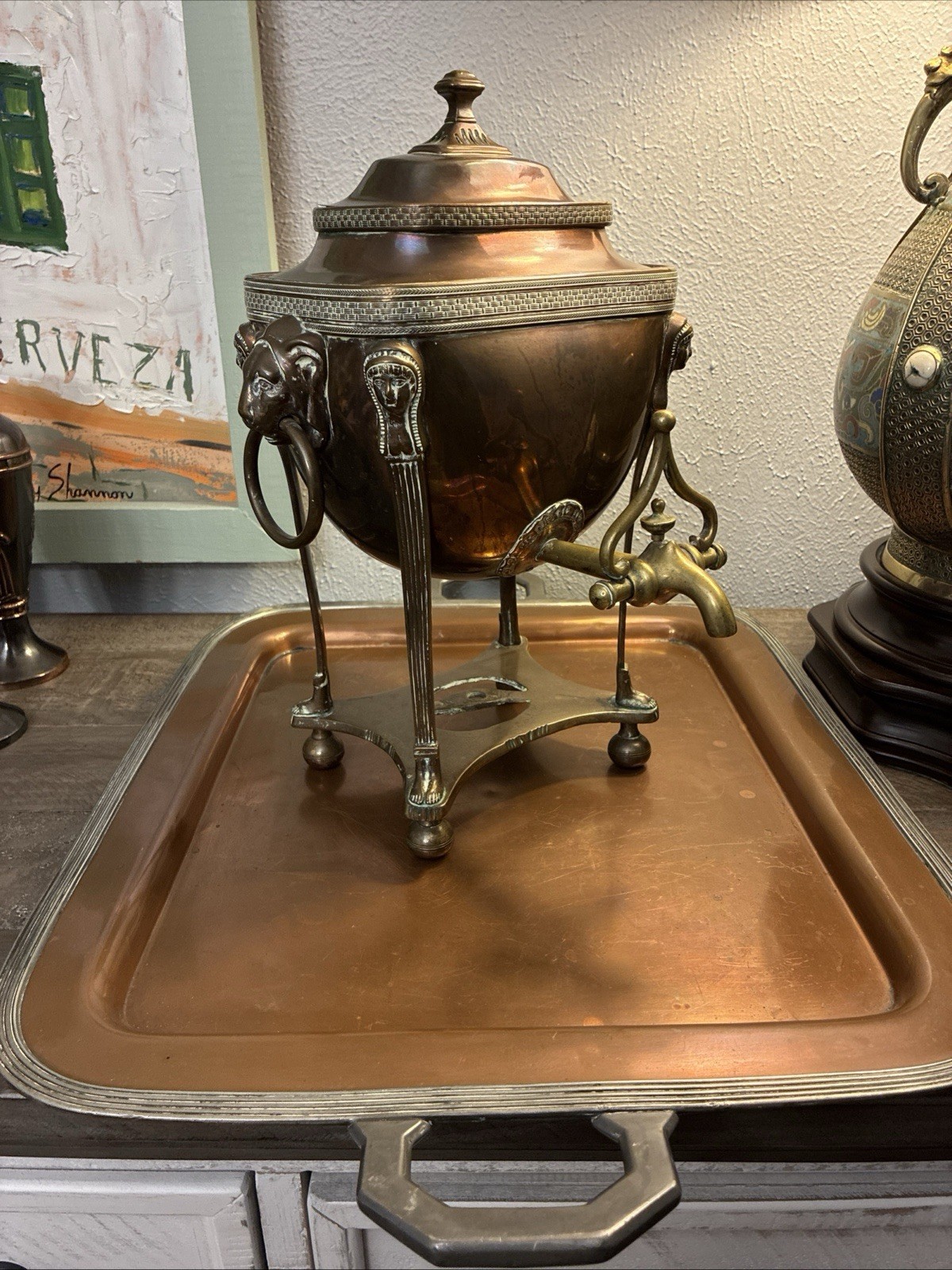 antique copper tea samovar Egyptian Revival Large With Tray 