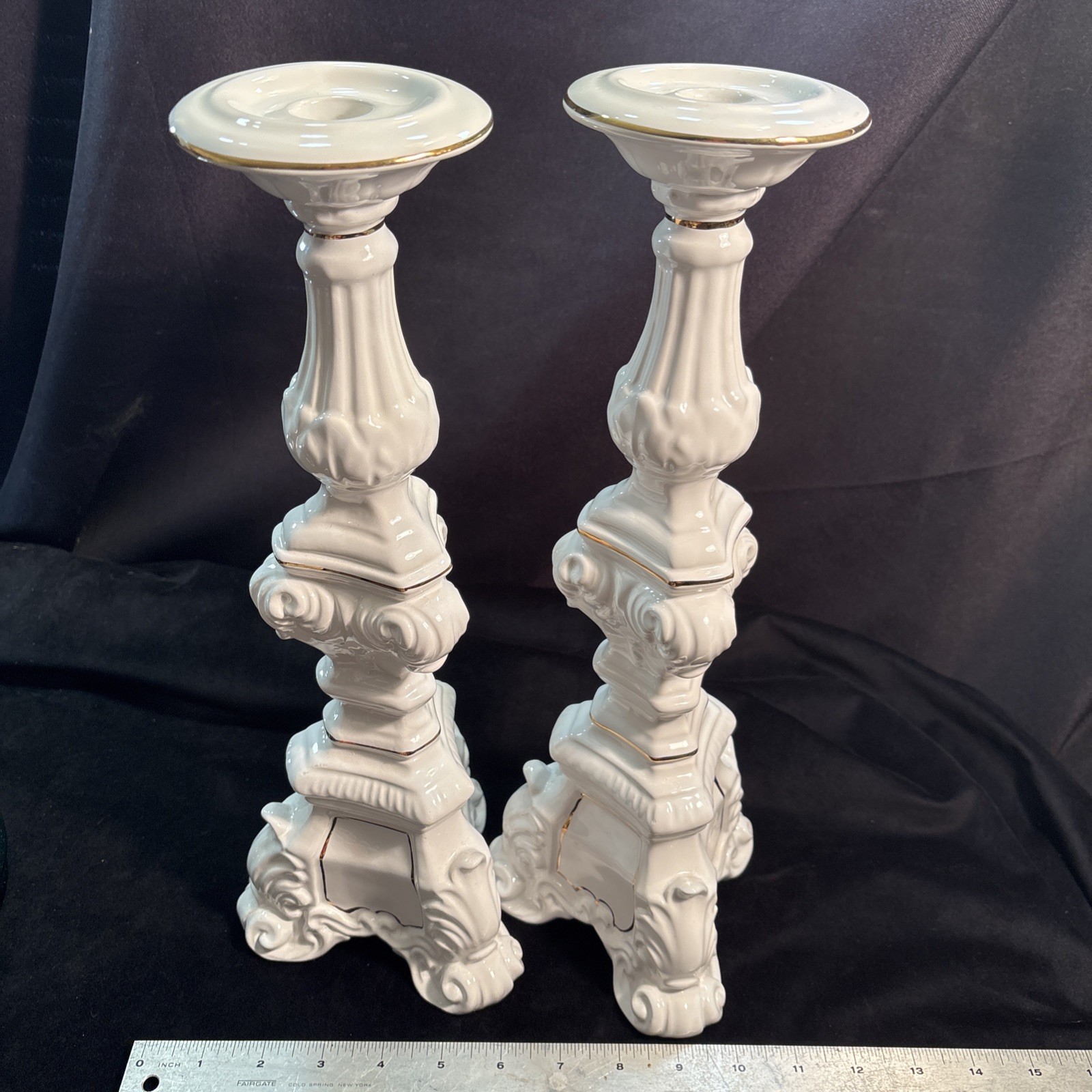 Vintage Pair Classical Column Candlesticks White Porcelain Gold Accents Freeship