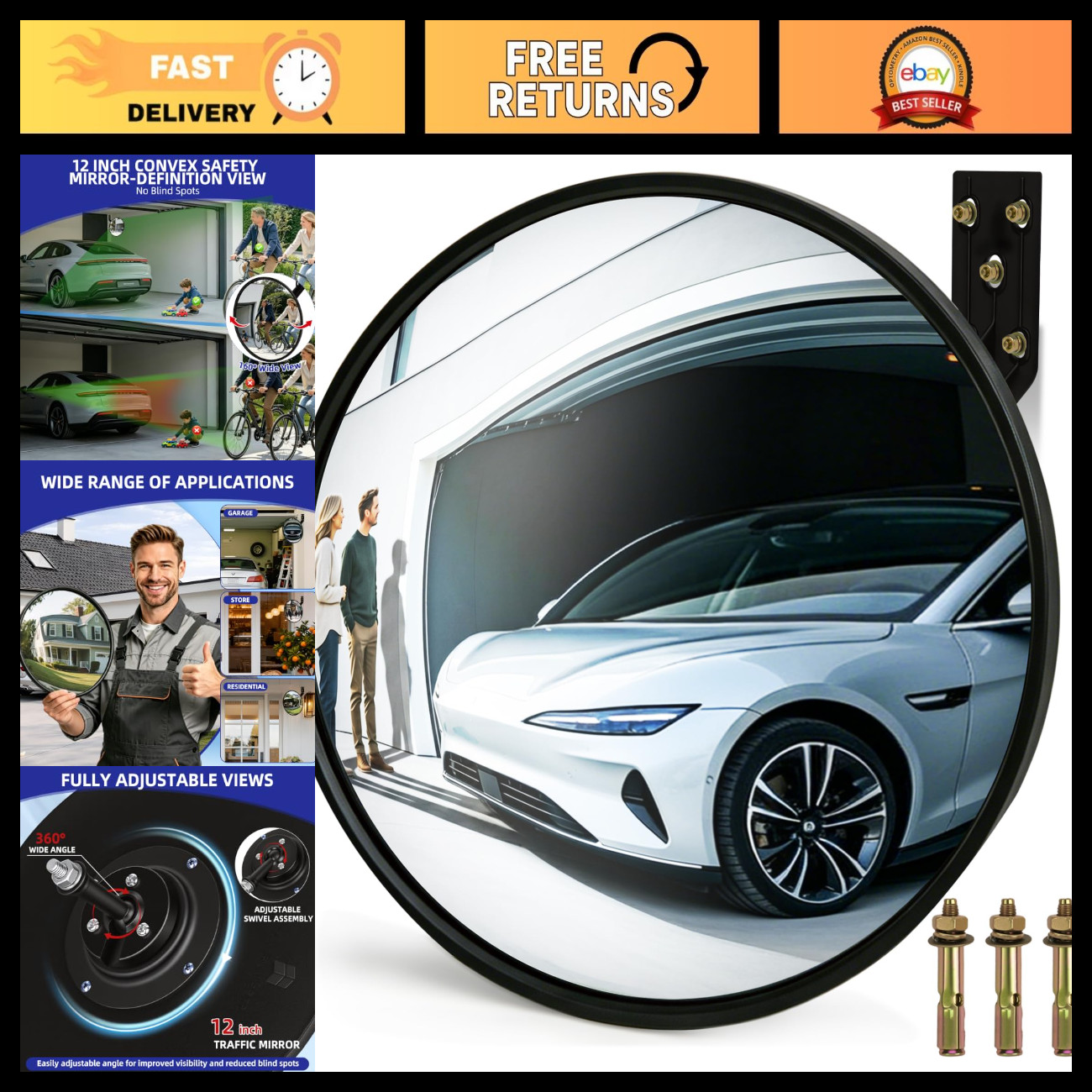 Shatterproof Acrylic Convex Mirror 12 Inch with LifetimeWarranty, Wide Angle Ant