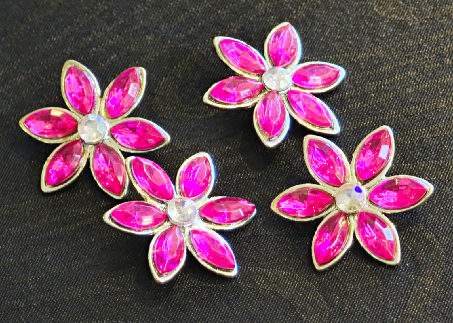 Vintage 1970s Fuchsia Pink Rhinestone Flower Blossom Shank Buttons Lot of 4