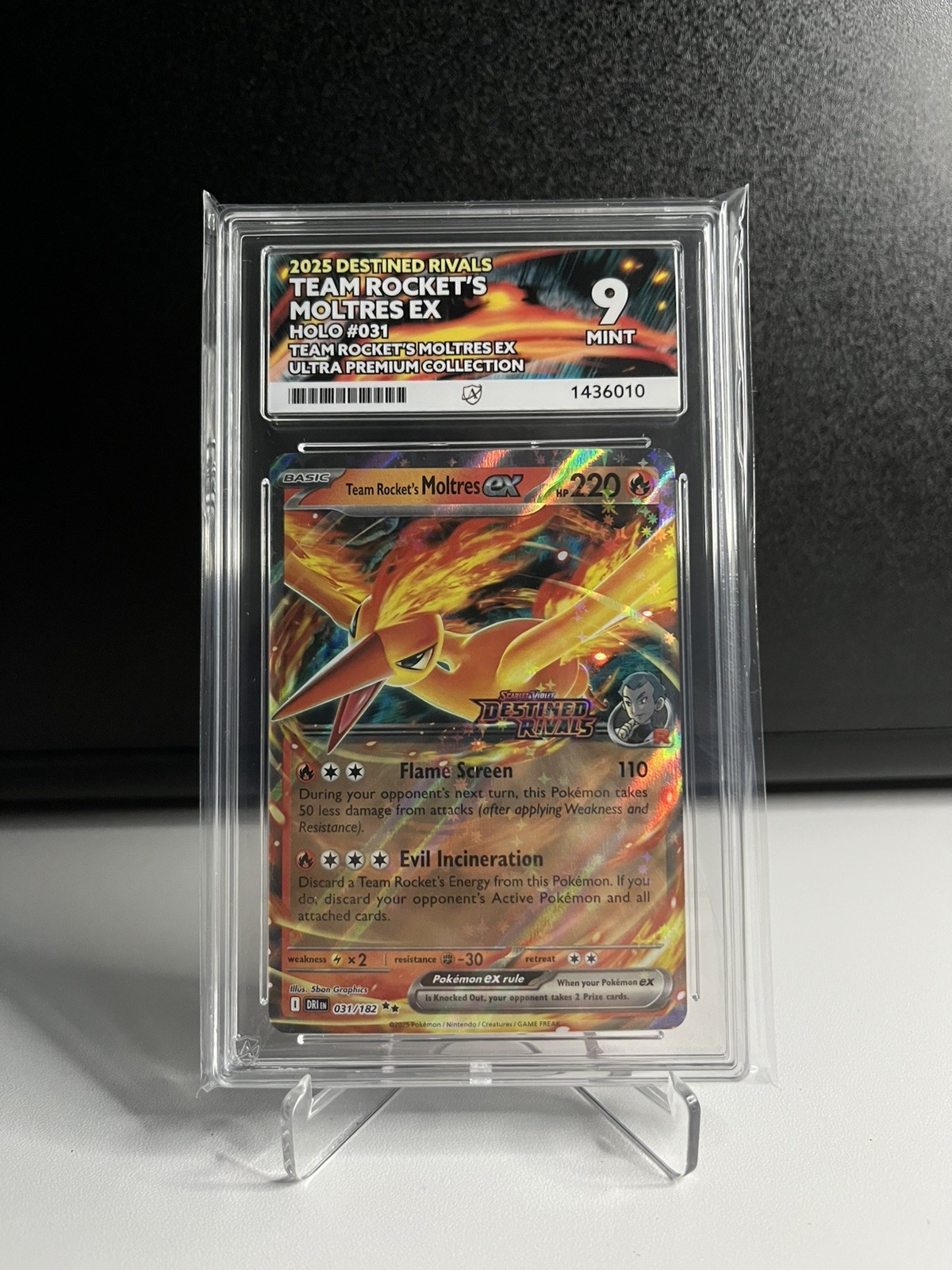2025 Pokemon Destined Rivals 031/182 Team Rocket\'s Moltres ex UPC Stamped ACE 9
