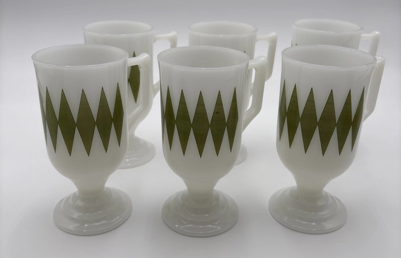 Federal Milk Glass Set Of 6 Footed Mugs Green Atomic Starburst Continental Cup