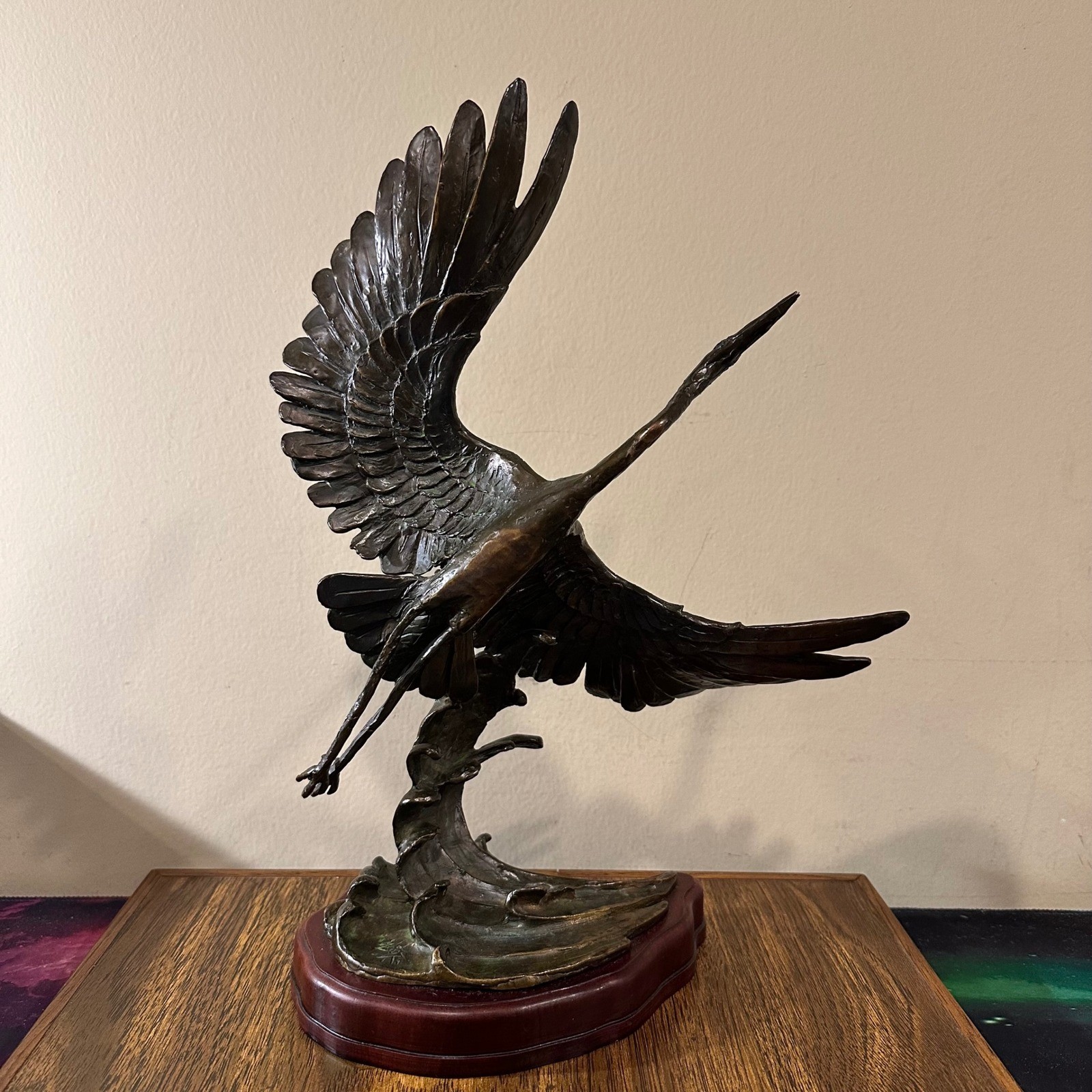 Vintage Burn Signed Bronze Crane Heron Bird Sculpture on Wood Base 12.5 Inch