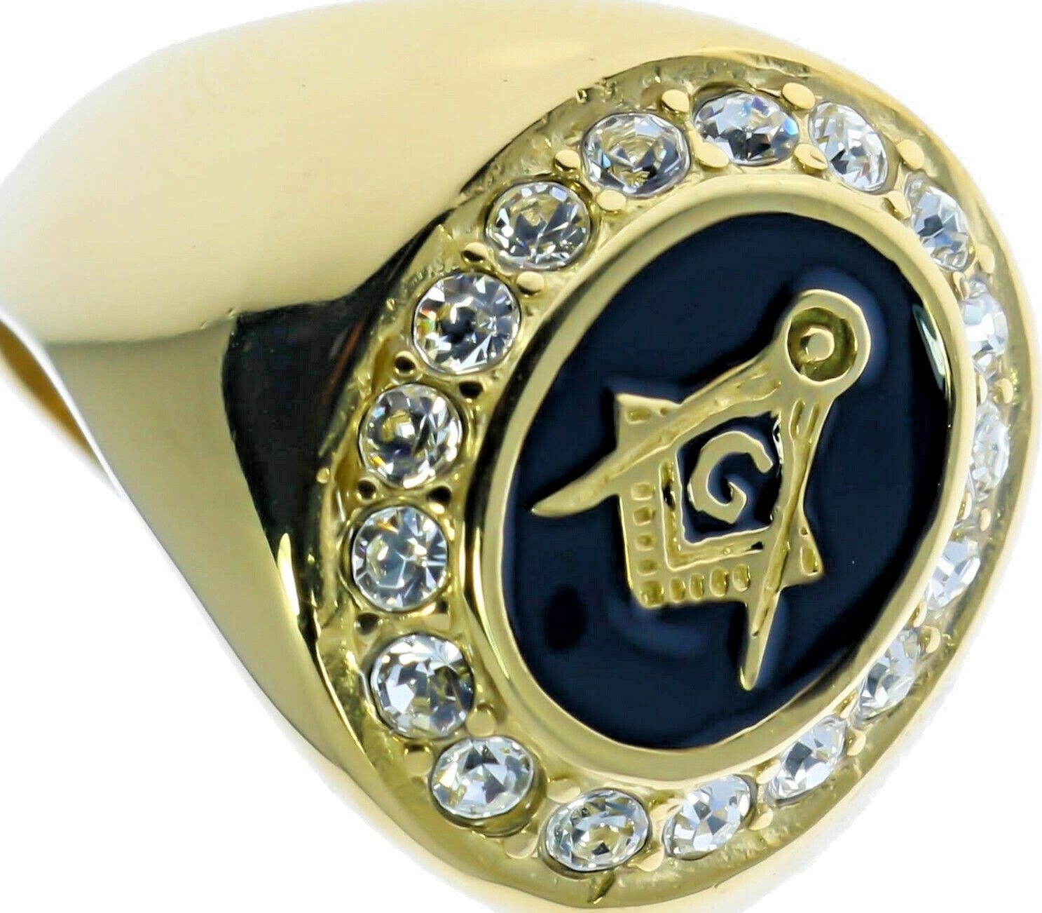 Masonic Mason Black Enamel men\'s 17 cz Ring 18K yellow gold overlay size 9 T29